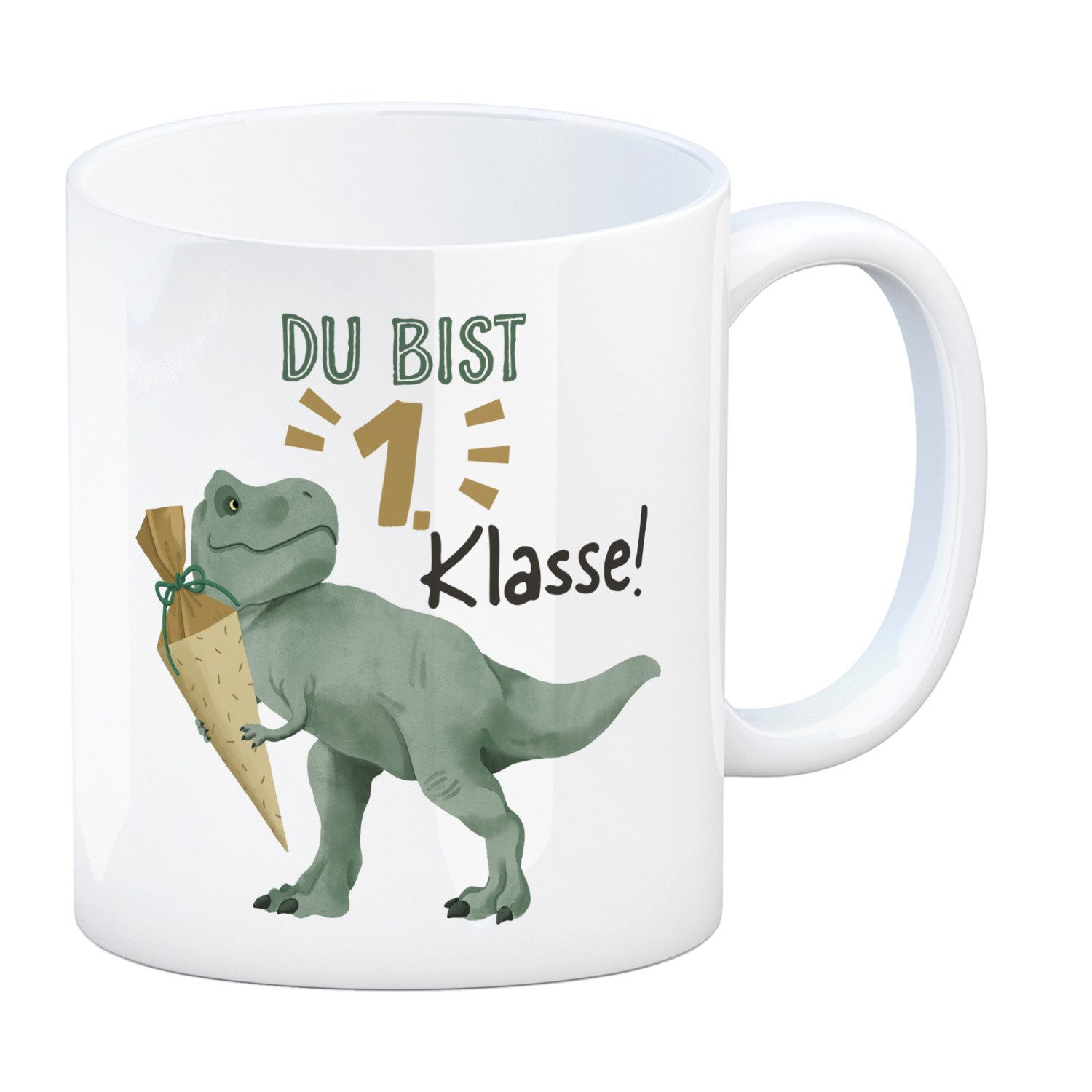 speecheese Tasse Dino mit Schultüte Kaffeebecher mit Spruch Du bist 1. Klasse!