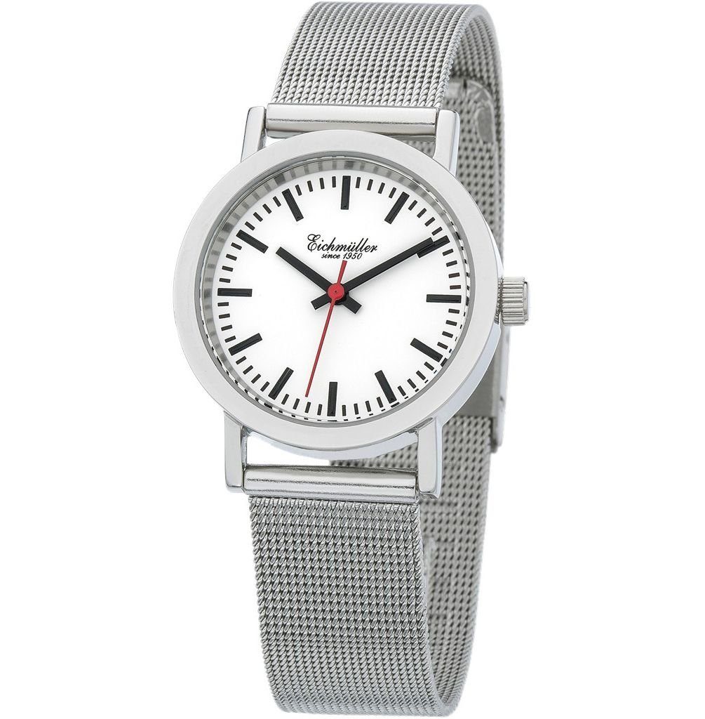 Eichmüller Quarzuhr 1746-03 Damenuhr – Bahnhofsuhr-Design, Weiß, Milanaiseband, 30 mm 1746-03