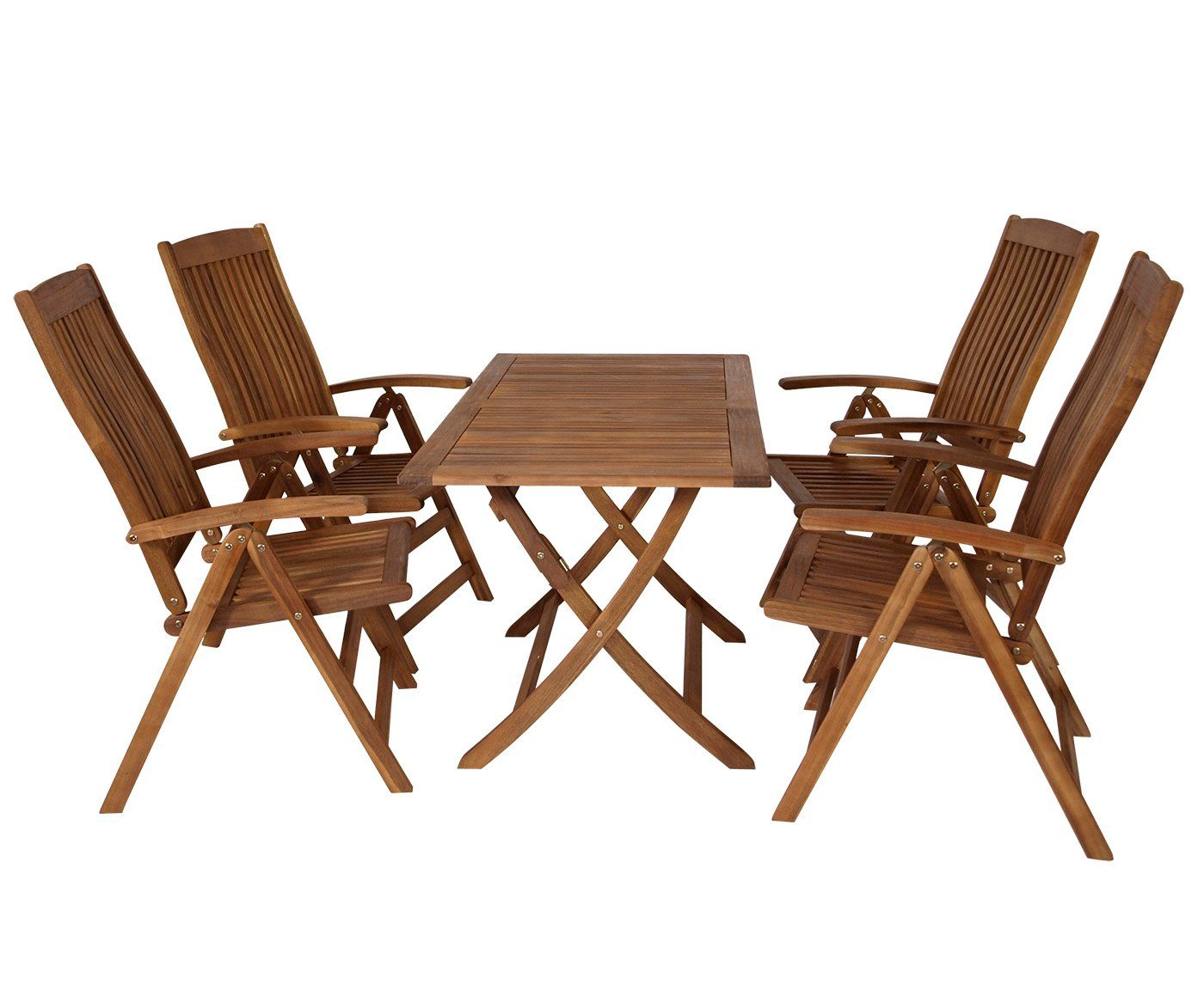 TPFGarden Garten-Essgruppe Menorca, (Outdoor Garten Garnitur aus stabilem Akazienholz, 5-tlg., 4x Sessel & 1x Tisch 120x70cm), Holz Gartentisch und Gartensessel sind klappbar - Hochwertig