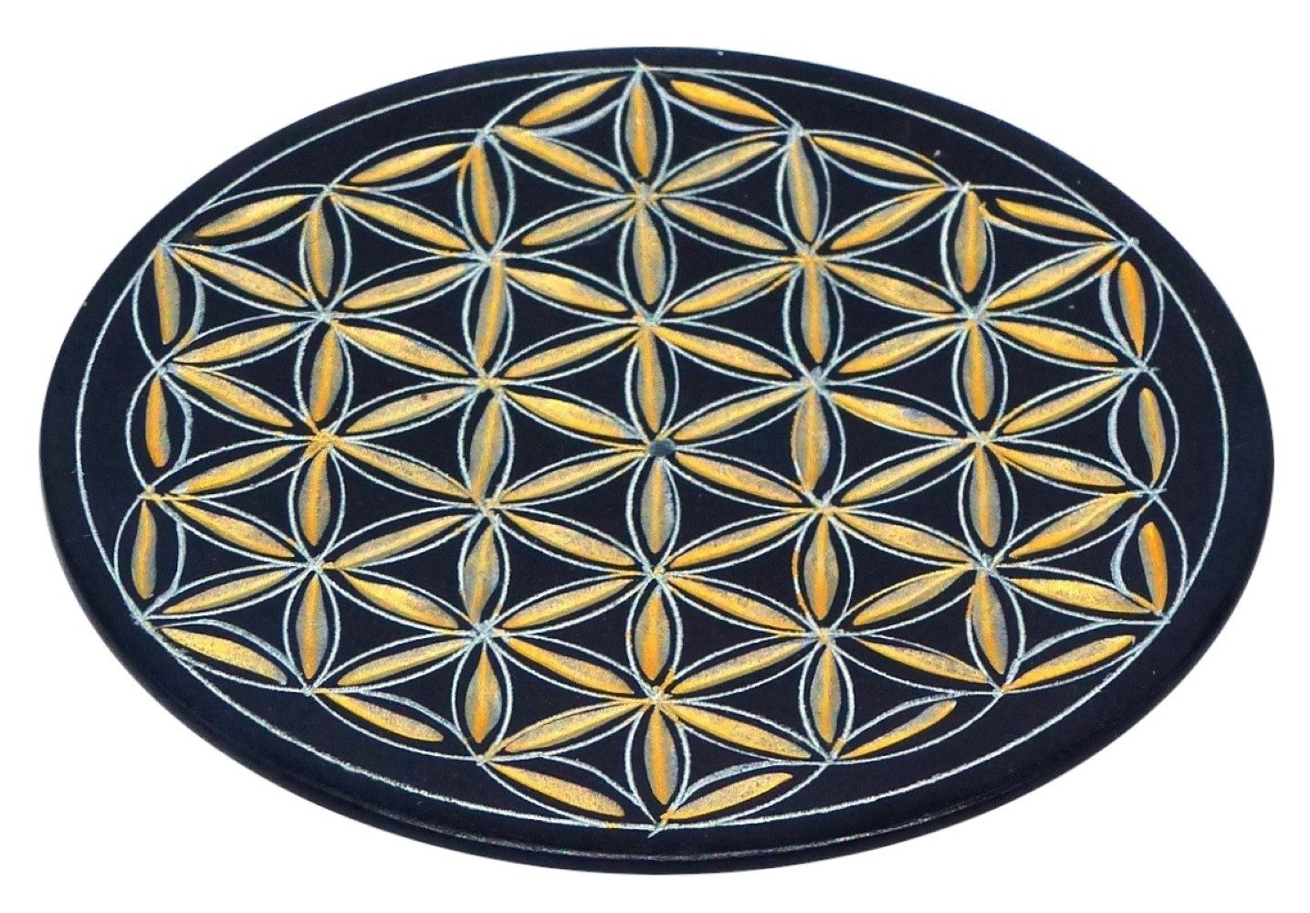 Saraswati Räucherstäbchen-Halter Räucherstäbchenhalter "Blume des Lebens" gold, Black Stone Ø10cm