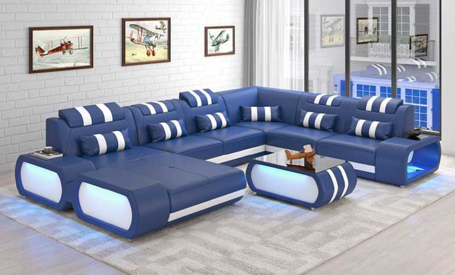 JVmoebel Ecksofa Moderne XXL Sofa U Form Groß Ecksofa Kunstleder, 4 Teile, Made in Europe Blau