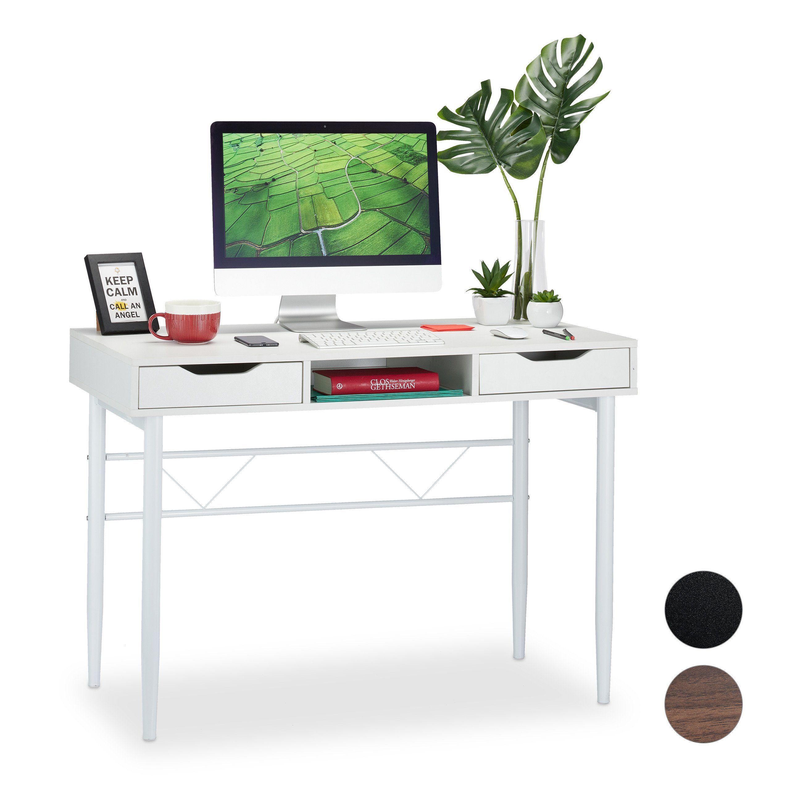 relaxdays Schreibtisch Schreibtisch mit Schubladen, Weiß / Weiß