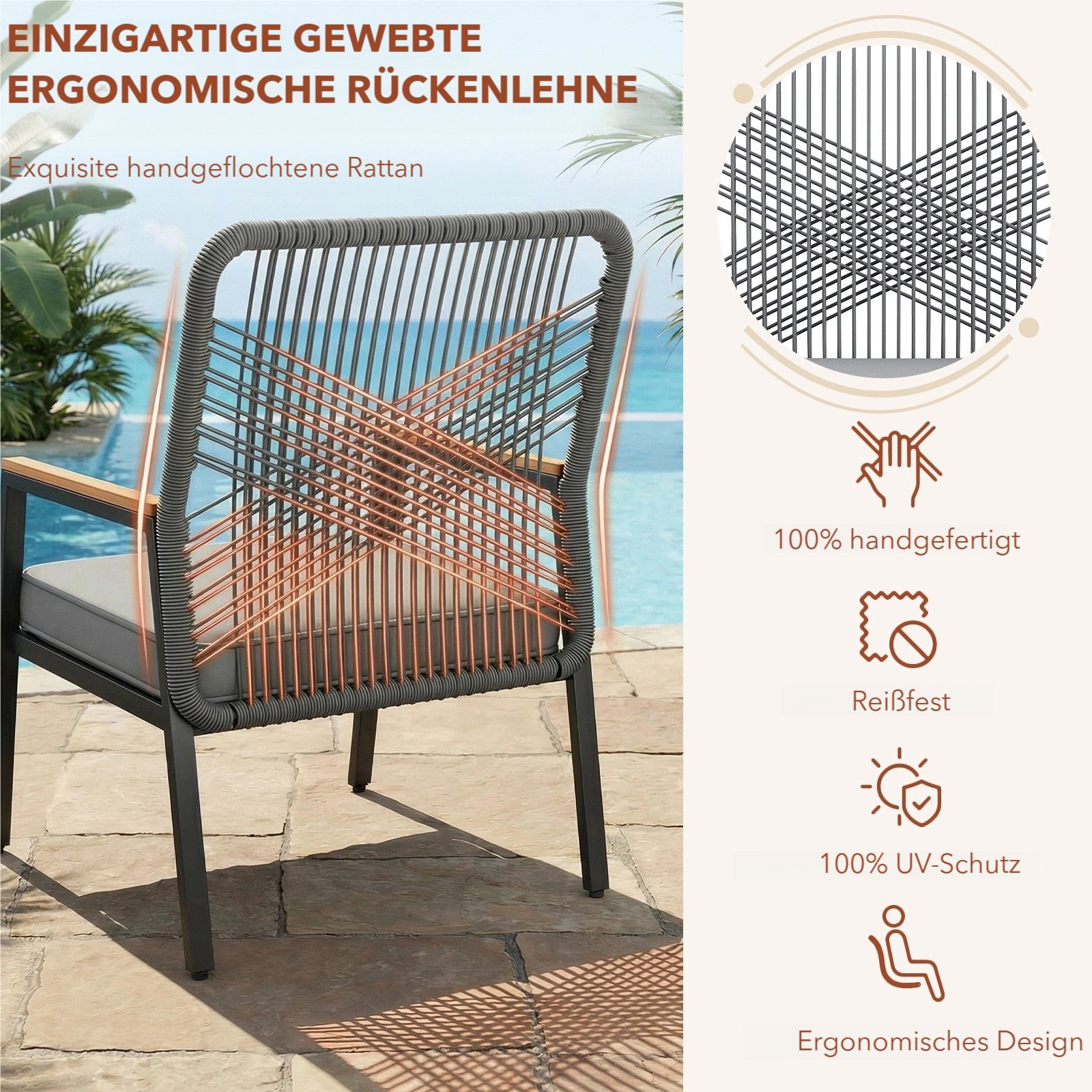 TLGREEN Gartenstuhl Eisen-Rattan Gartensessel,verbreiterter Sitz, (Balkonstühle Metall und Rattan, mit 8 cm dicken Sitzkissen, 2 St), 160 kg Belastbar für Terra – Bild 5 von 5