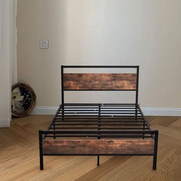 HAUSS SPLOE Metallbett Modern Metallbett Bettgestelle Einzelbett Gästebett Bettrahmen (mit braunem Vintage-Kopfteil aus Holz, einfach zu installieren), für Erwachsene und Kinder, 120*200cm, Schwarz