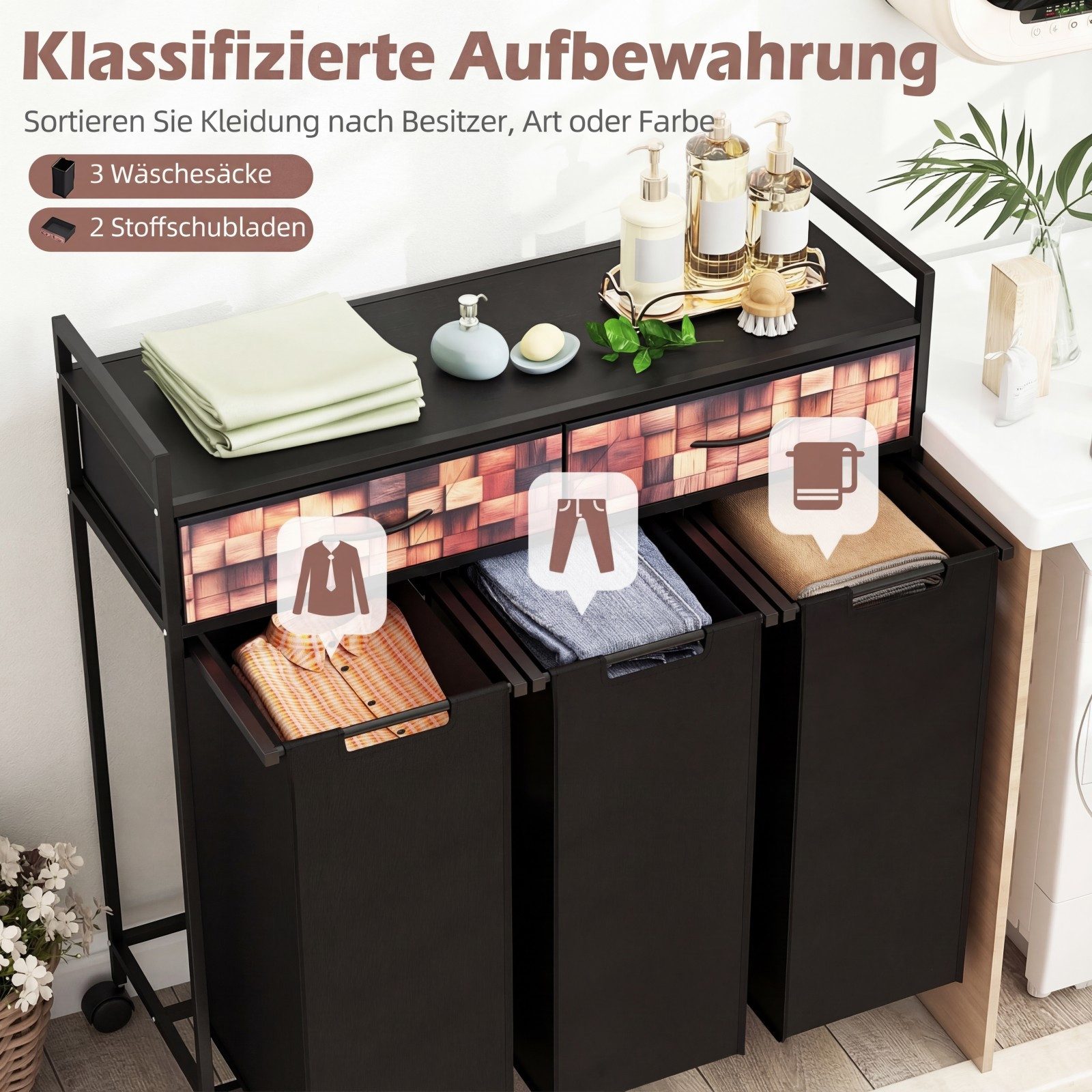 COSTWAY Wäscheschrank Wäschekorb 3 Fächer, Wäschesammler auf Rollen, mit 2 Stoffschubladen