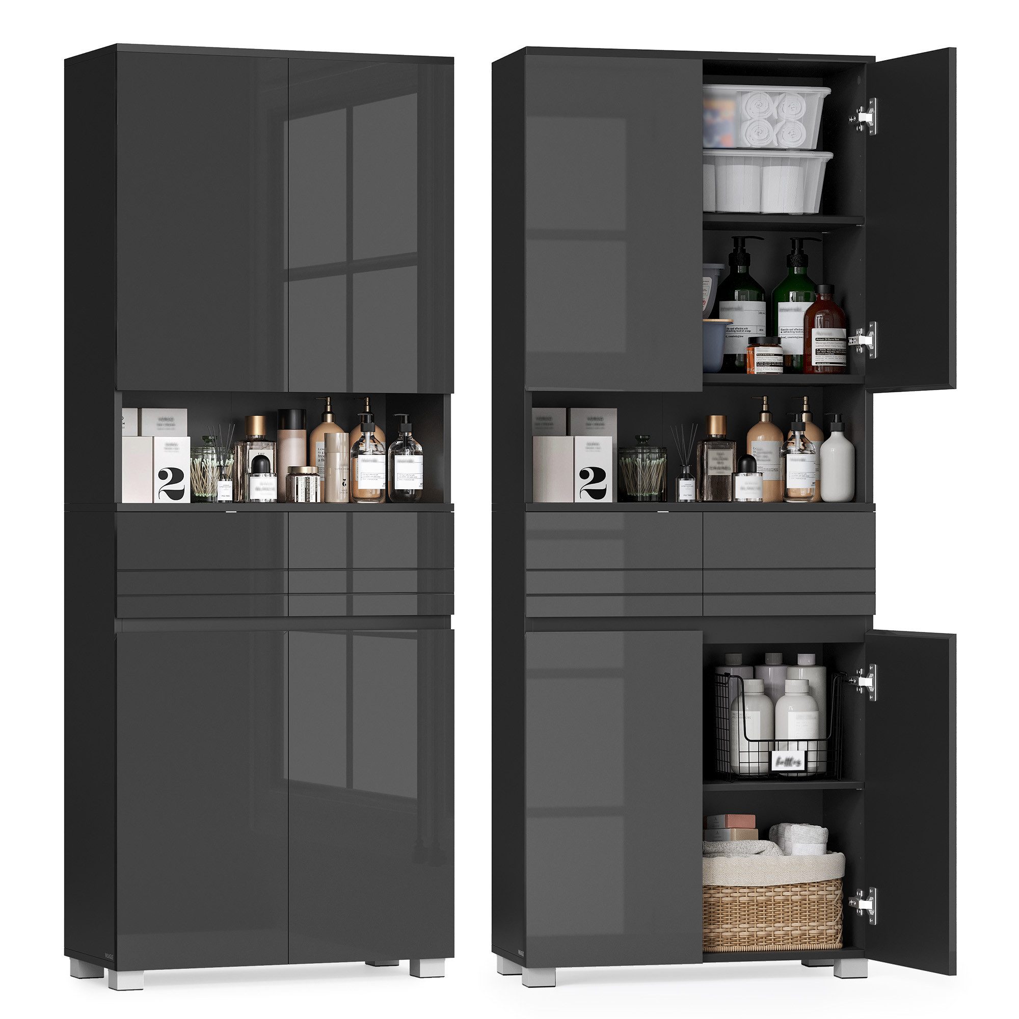VASAGLE Badkommode Badezimmerschrank Badschrank verstellbare Ablagen, 30 x 60 x 170 cm, Badezimmermöbel, offenes Fach