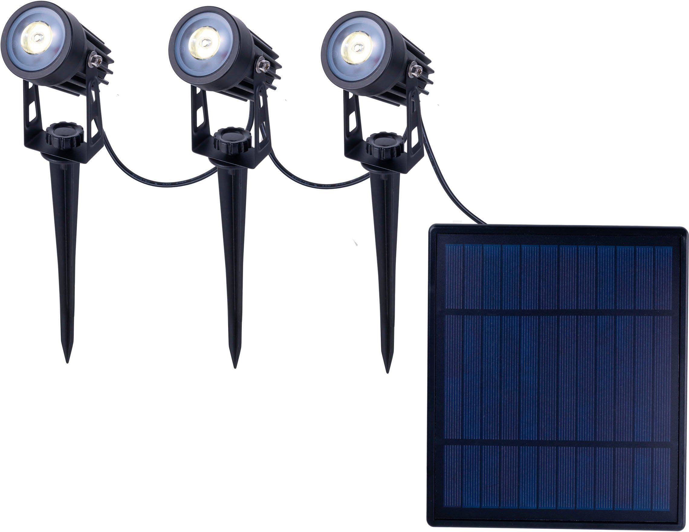 näve LED Kaltweiß, LED mit integriert, Spoti, Erdspieß inkl. Solarspot LED 3er Tageslichtsensor, Solarleuchte Solarpanel 6m fest Zuleitung Memoryfunktion,