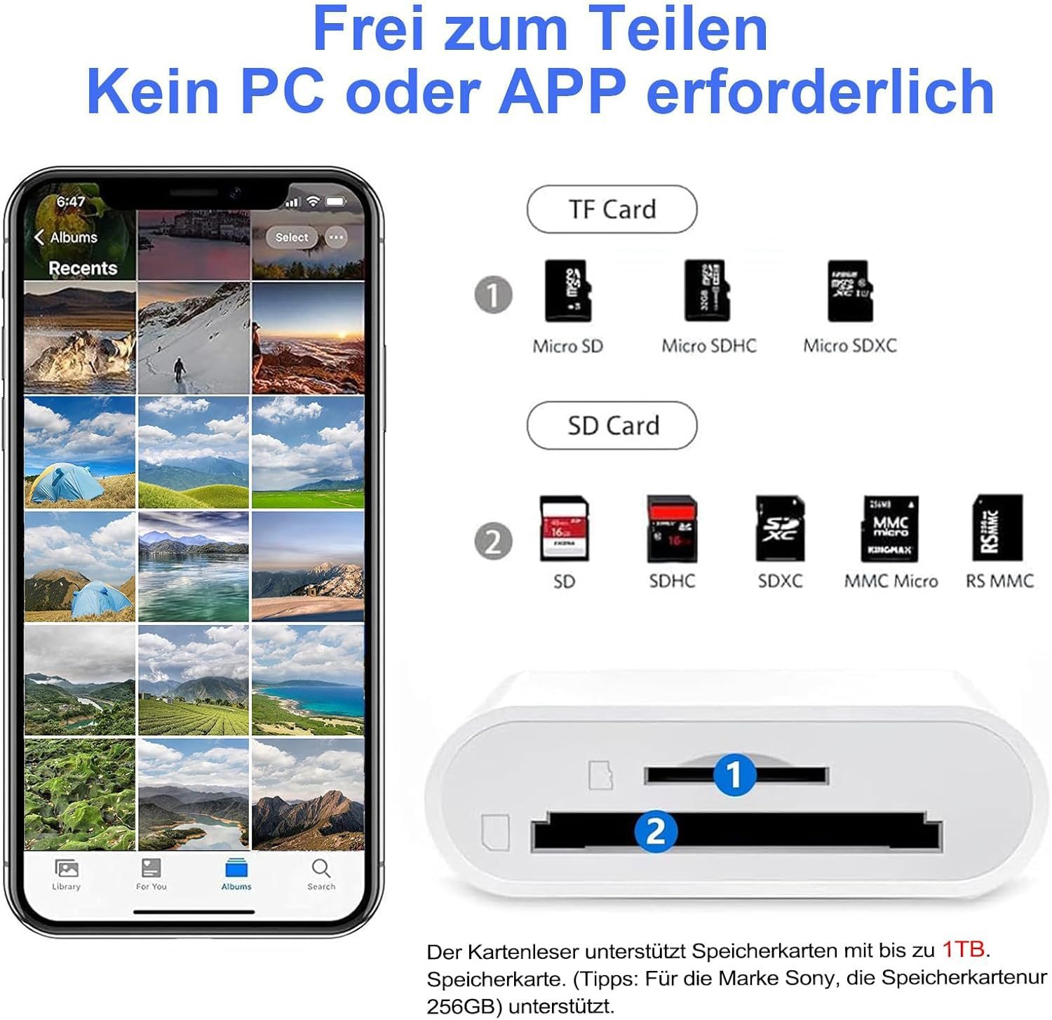 Vornix USB-C Hub 2-IN-1 Adapter USB-Adapter 2 in 1 Lightning USB C SD Kartenleser mit SD/MicroSD Slots zu iPhone 14/14 Pro/13/13 Pro/12/12 Pro/11/11Pro/XS/XS Max/XR/8/7 und iPad und mehr andere iOS-Schnittstellengeräte, USB SD Kartenleser für iPhone iPad USB-Adapter