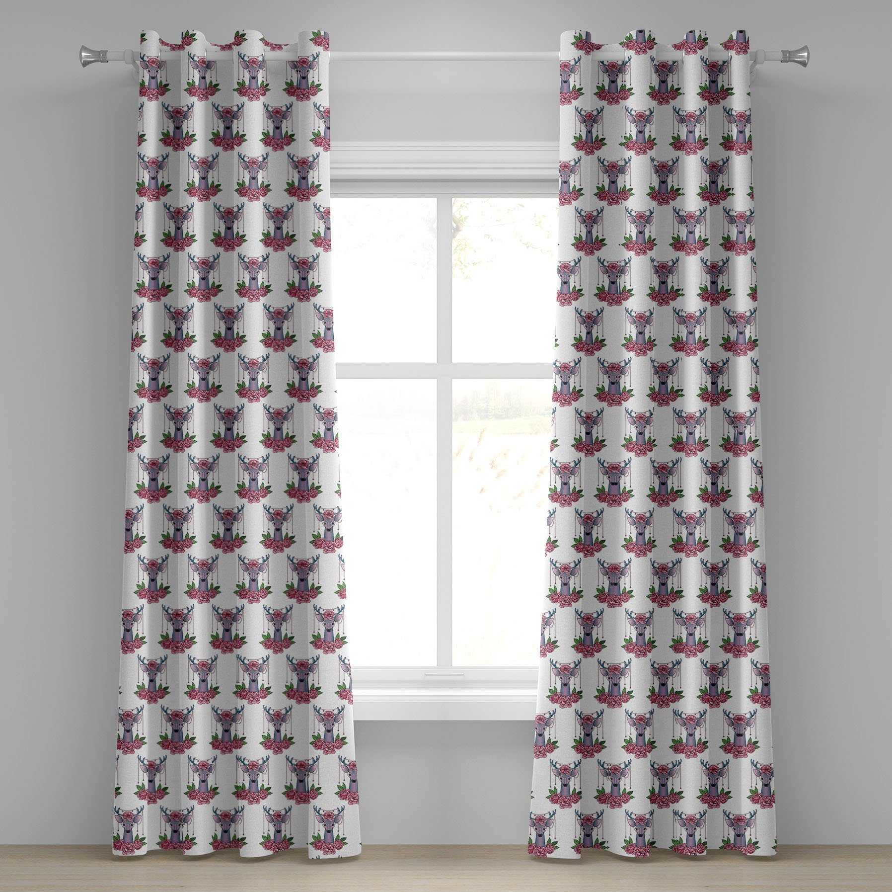 Gardine Dekorative 2-Panel-Fenstervorhänge für Schlafzimmer Wohnzimmer, Abakuhaus, Tätowieren Deer Zubehör Pfingstrosen