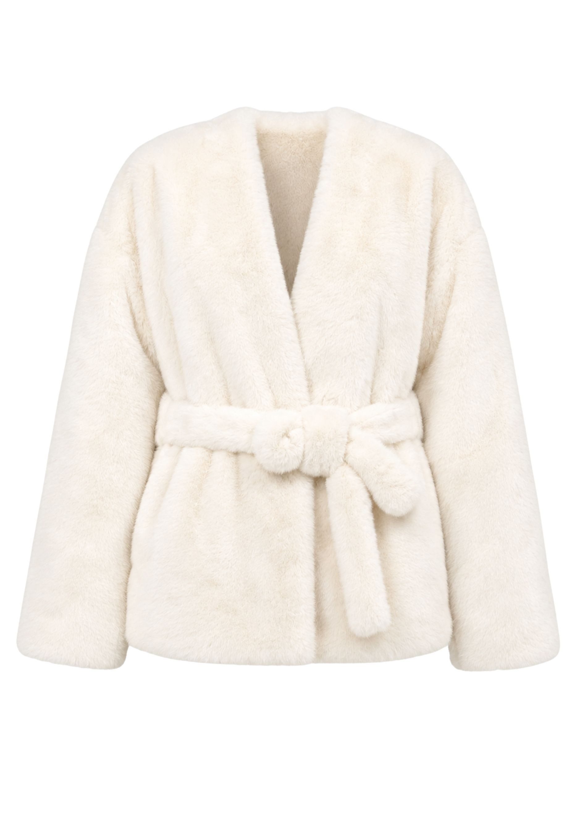 Cherry KoKo Kurzmantel — Damen Kunstfelljacke One Size mit Bindegürtel im eleganten Wrap Look