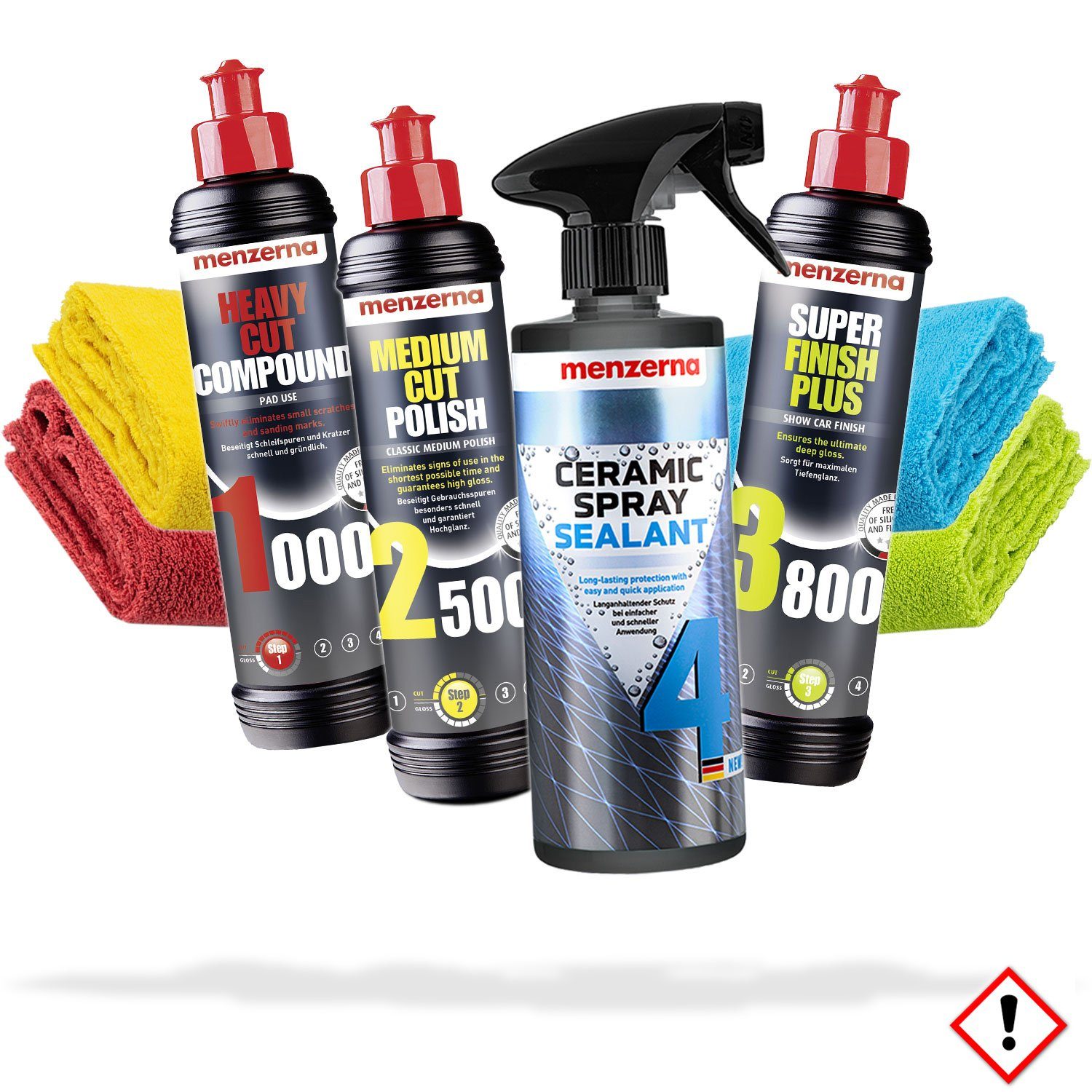 menzerna Heavy Cut, Medium Cut, Super Finish, Ceramic Spray, 4 Poliertücher Autopolitur (Polierset)