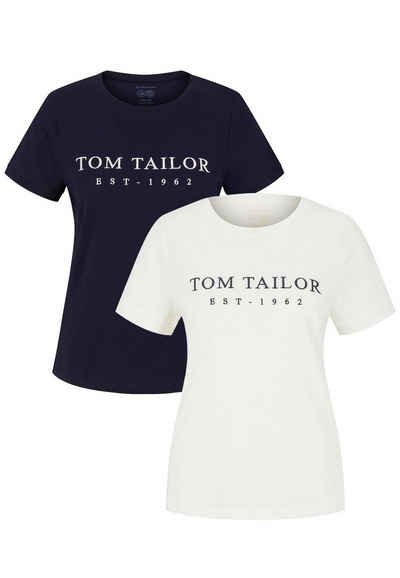 TOM TAILOR T-Shirt 2-er Set T-Shirt mit Logo Stickerei PRINT CREW NECK (2-tlg) 5348 in Weiß-Dunkelblau