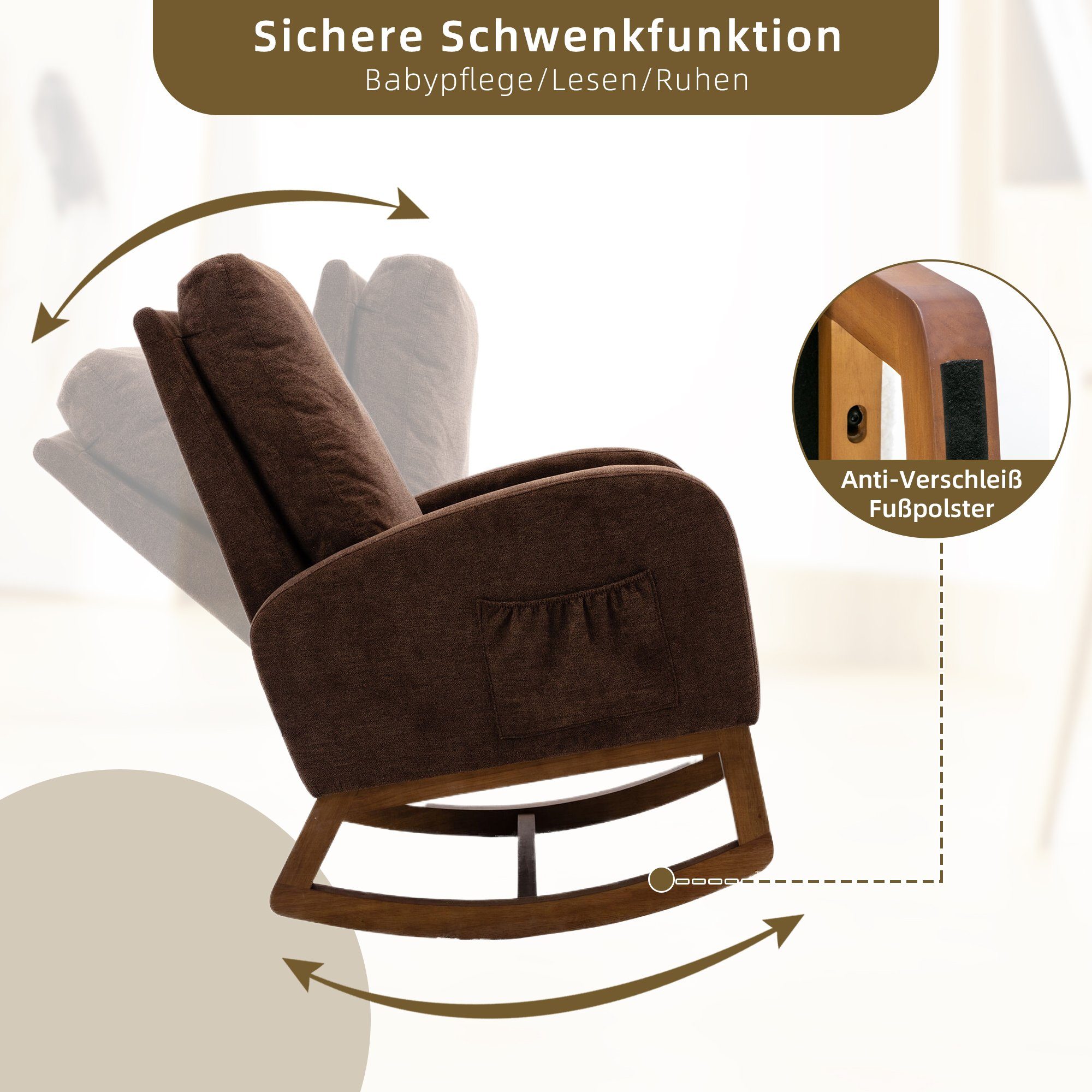 (mit OKWISH hoher Polsterstuhl Relax Baby- Kindergepolsterter Schaukelstuhl und Sessel mit Stuhl Wohnzimmerstuhl Rückenlehne), braun Seitentaschen, Schaukelstuhl