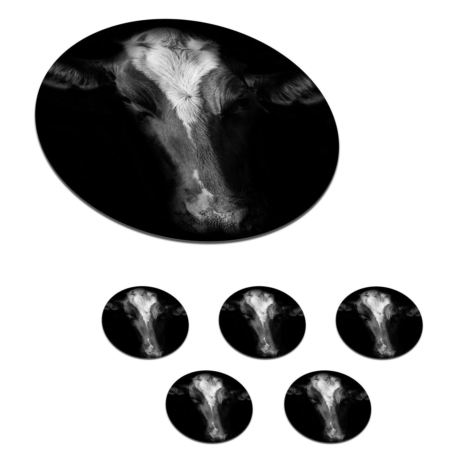 MuchoWow Glasuntersetzer Kuh Porträt auf schwarzem Hintergrund in schwarz und weiß, Zubehör für Gläser, 6-tlg., Getränkeuntersetzer, Tassenuntersetzer, Korkuntersetzer, Tasse, Becher