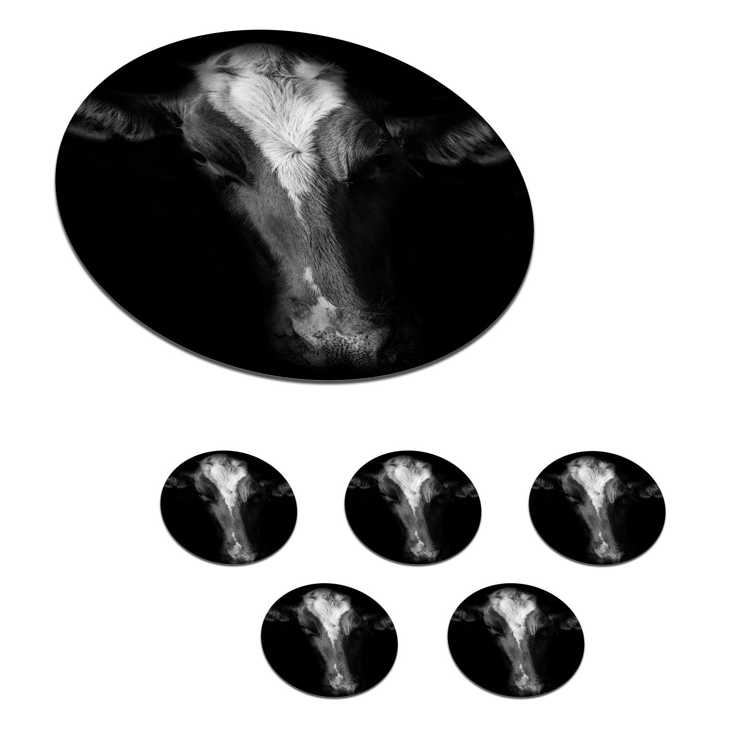 schwarzem Glasuntersetzer Kuh Porträt Tasse, und Tassenuntersetzer, Becher für Gläser, 6-tlg., schwarz Zubehör auf weiß, Hintergrund MuchoWow in Korkuntersetzer, Getränkeuntersetzer,