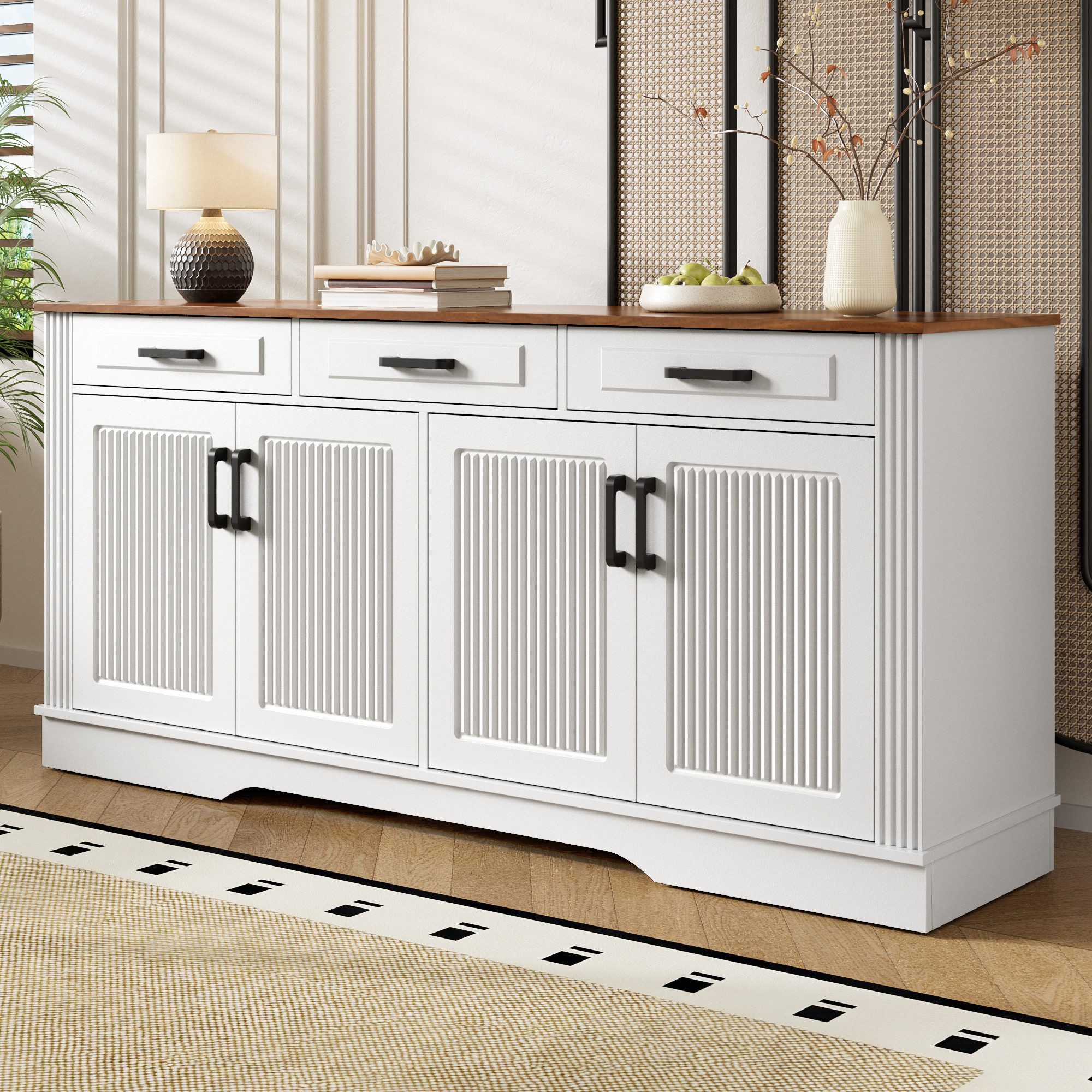 Merax Sideboard mit 3D vertikalen Rillen, Wohnzimmerschrank Schrank (1 St), Kommode mit 3 Schubladen, 4 Türen & Stauraum, 160x40x75cm