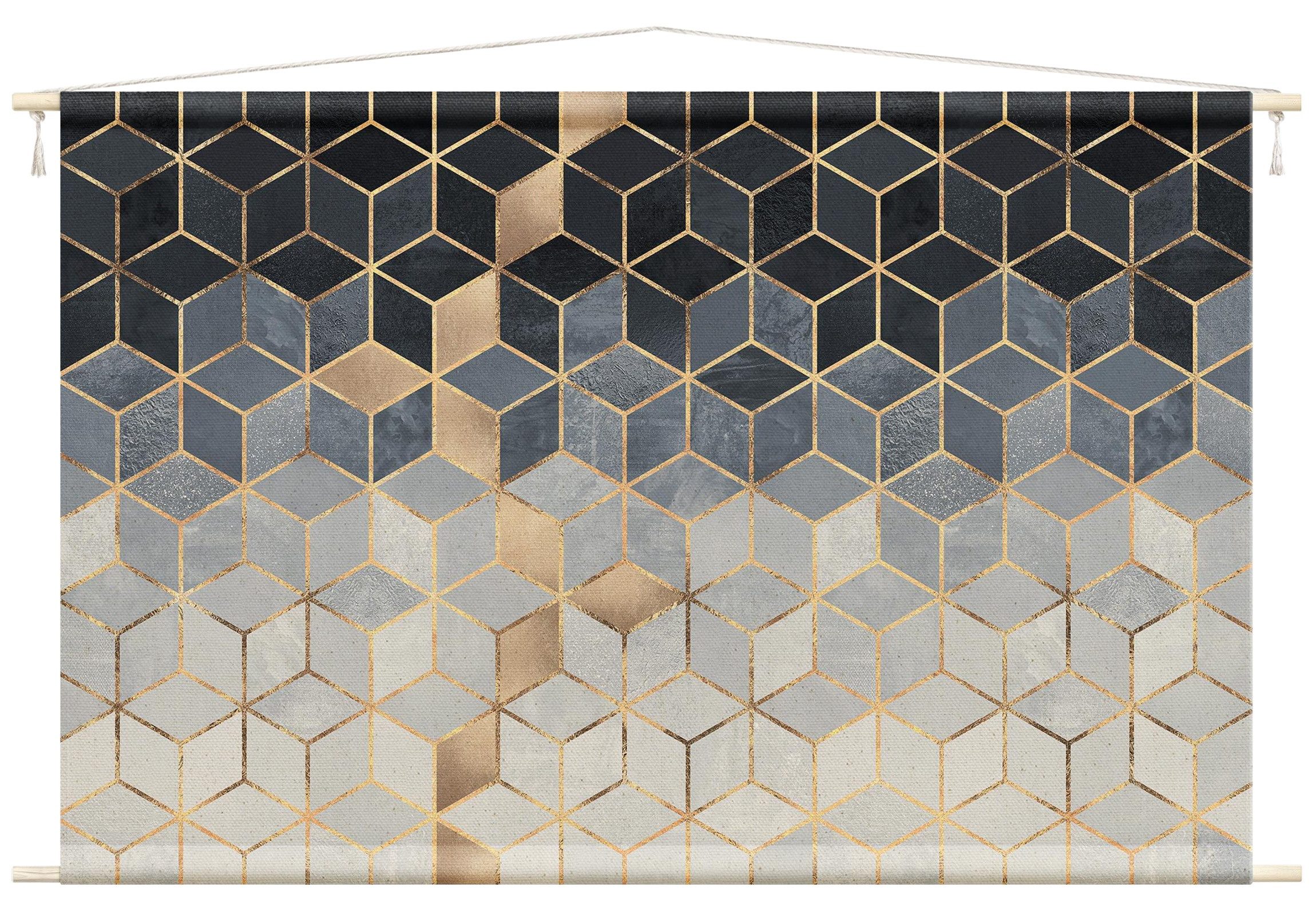 Bilderdepot24 Wandteppich modern Muster Abstrakt Aquarell Geometrisch gold, rechteckig, Höhe: 2.6 mm, großes Wandbild aus Natur-Baumwolle Wandbehang Stoffbild Tuch Wollseil