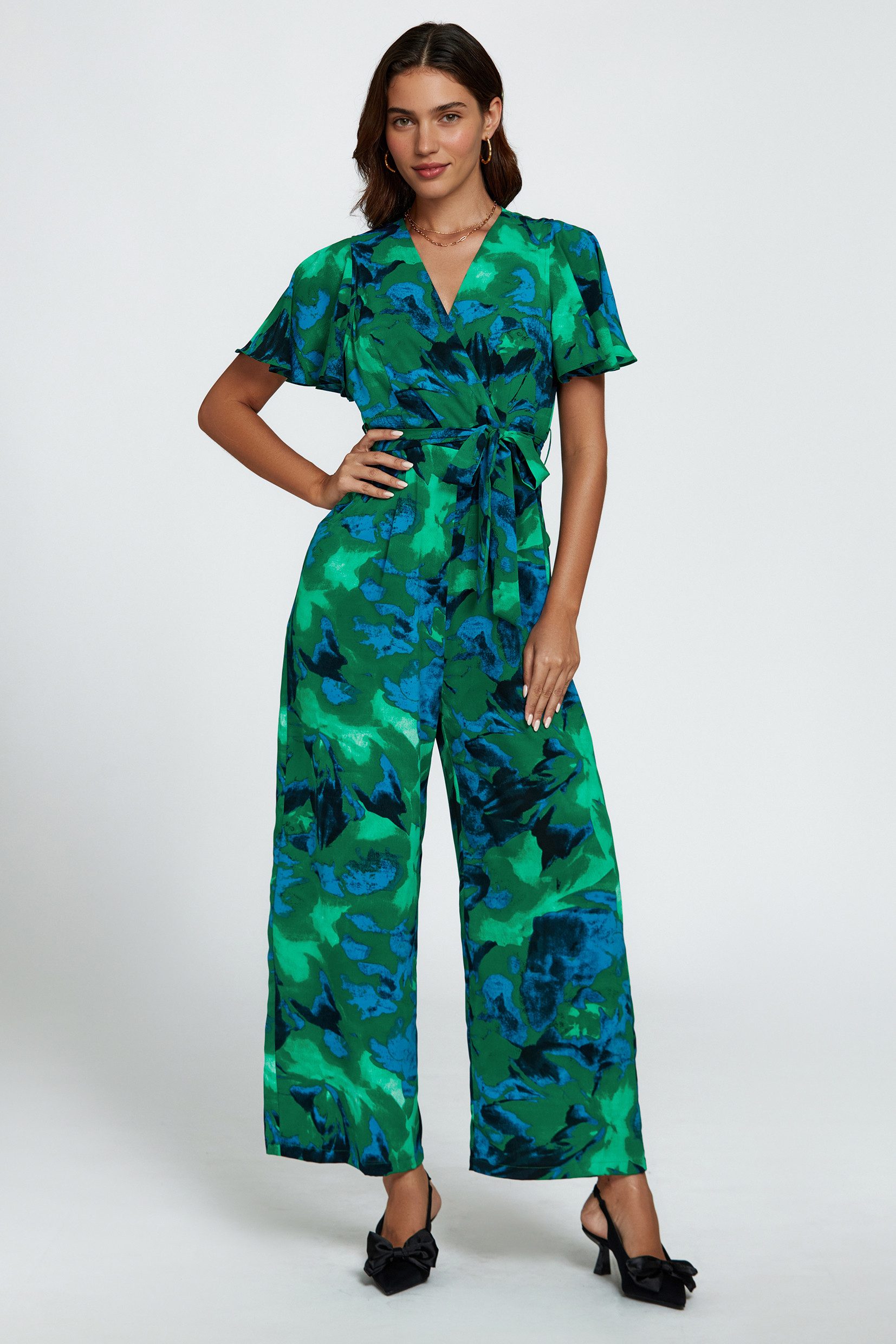 FS Collection Jumpsuit Damen Jumpsuit mit Wickeloberteil und weitem Bein (XS (EU:36 / UK:8) · S (EU:38 / UK:10) · M (EU:40 / UK:12) · L (EU:42 / UK:14) · XL (EU:44 / UK:16), 3 Farben: Rostrot, Schwarz, Grün) Wickeloptik, Statement-Print, elegante Silhouette