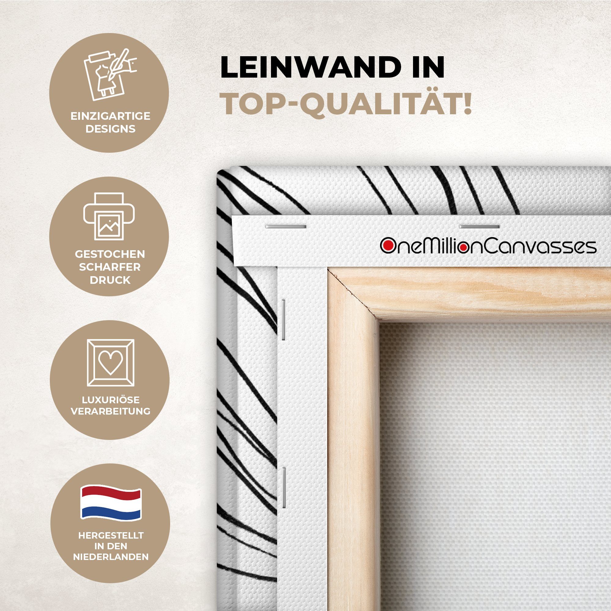 OneMillionCanvasses® Leinwandbild Kunst - Linien - Weiß - Schwarz, Fotodruck (1 St), Wandbild, Deko Schlafzimmer Wohnzimmer Flur 20x20 cm