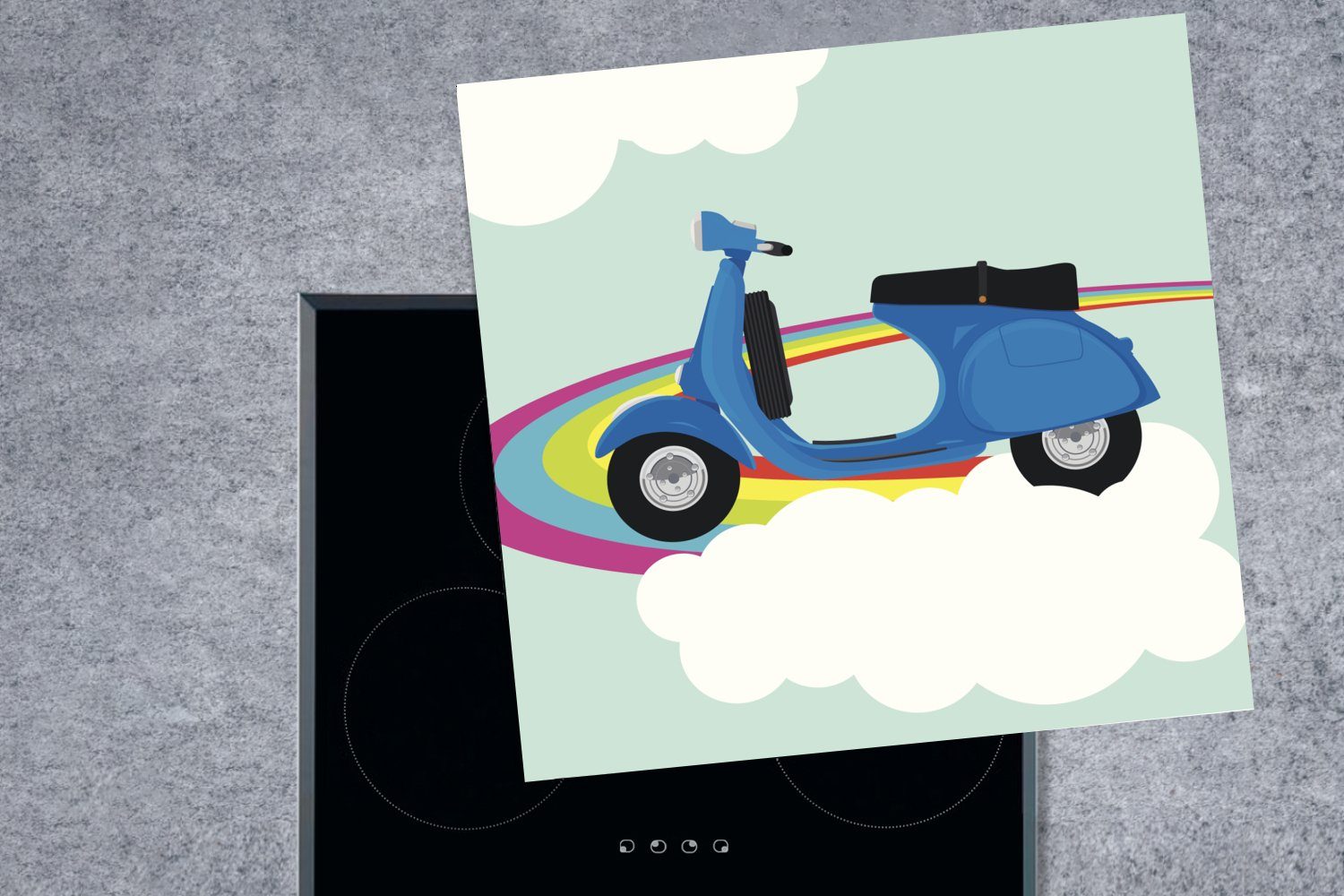 MuchoWow Herdblende-/Abdeckplatte Illustration einer blauen Vespa 78x78 (1 tlg), Ceranfeldabdeckung, Arbeitsplatte cm, auf küche Vinyl, für Regenbogen, einem