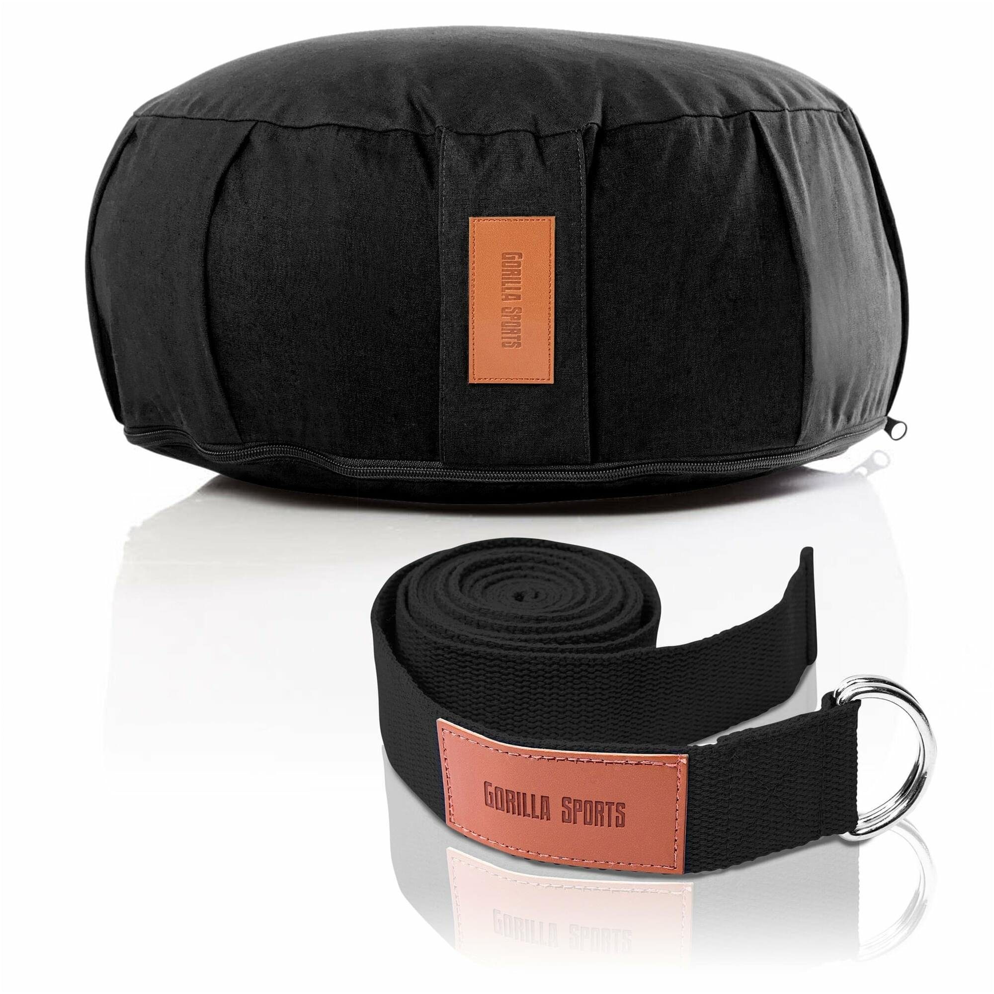 GORILLA SPORTS Bodenkissen Yogakissen mit Yogagurt Set - 100% Baumwolle, Rund - Meditationskissen Schwarz | Bodensitzkissen