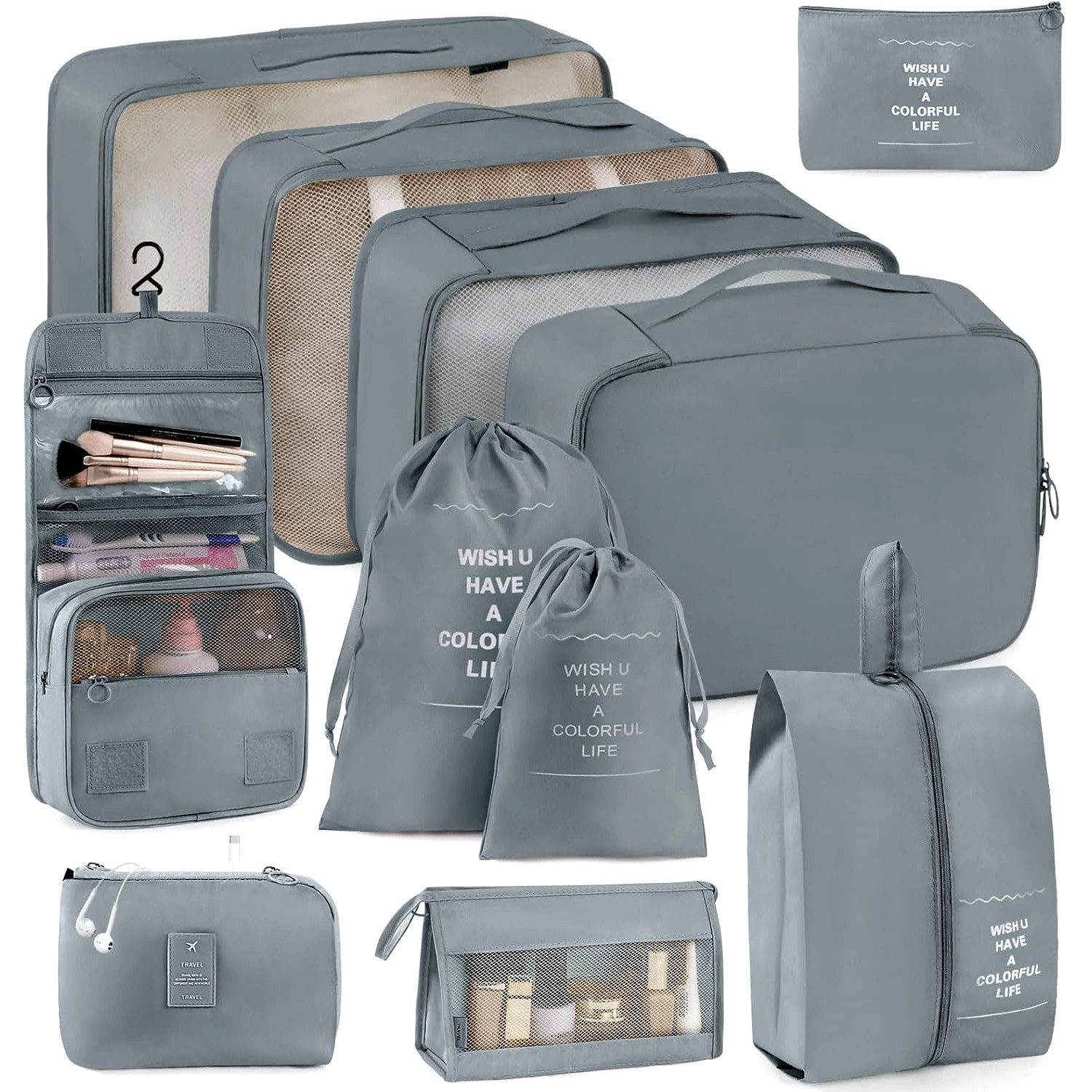 OSTWOLKE Kofferorganizer 11-teilig Koffer Organizer Set Packing Cubes für Urlaub Reisen, Wasserdicht, mit Kosmetiktasche, Schuhbeutel, Kulturbeutel