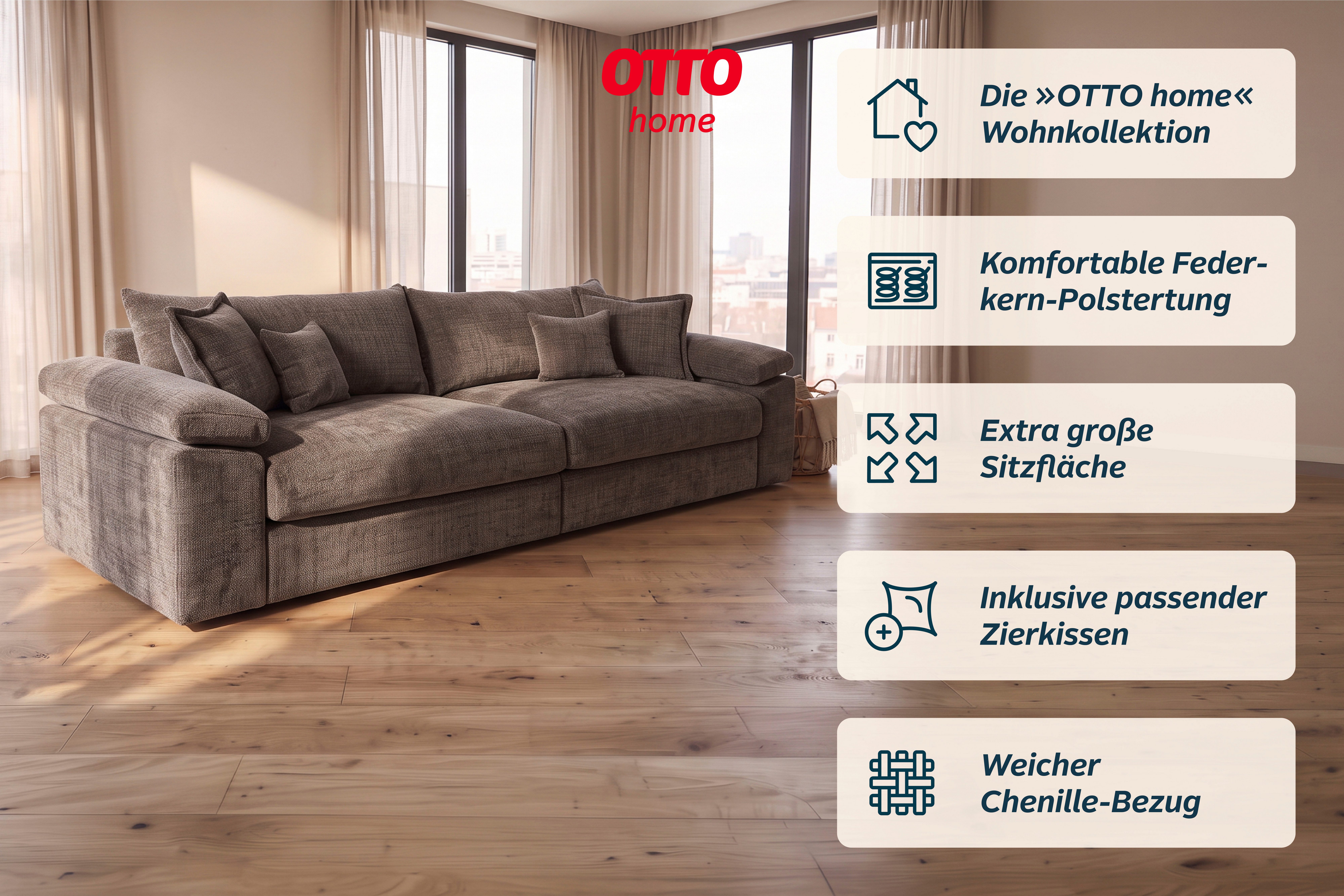 OTTO home Big-Sofa Soft&Cosy XXL, B: 303 cm - OTTO. Verlässliche Qualität., Mega-Sofa, Cord oder Chenille-Struktur, mit Federkern & 4 Zierkissen – Bild 3 von 5