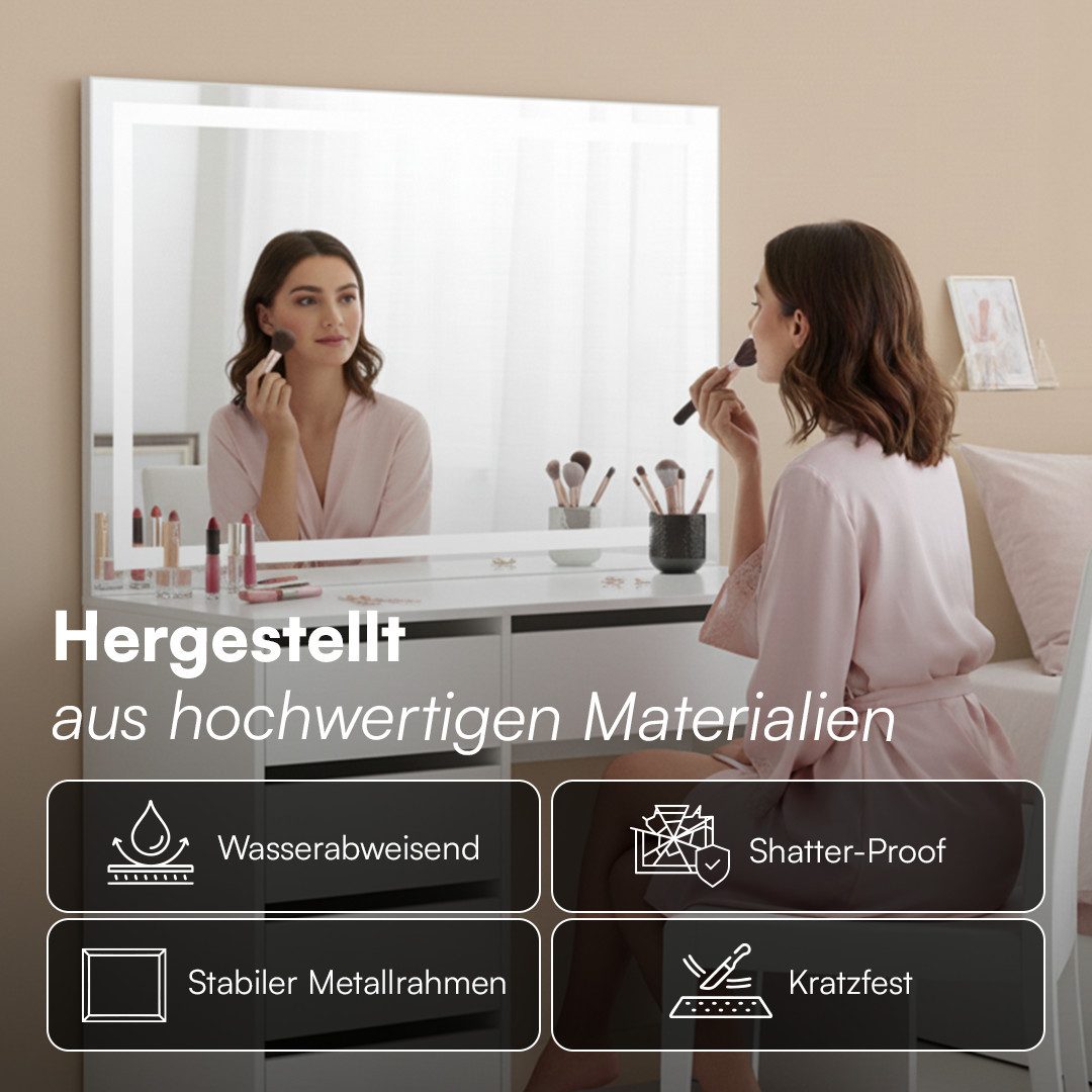 Bellamio Schminktisch Nore mit Spiegel, mit und ohne LED-Beleuchtung (Weiß, 5 Schubladen, 110x70x53 cm), Kosmetiktisch mit 3 Farbstufen & Touch-Sensor – Bild 5 von 5