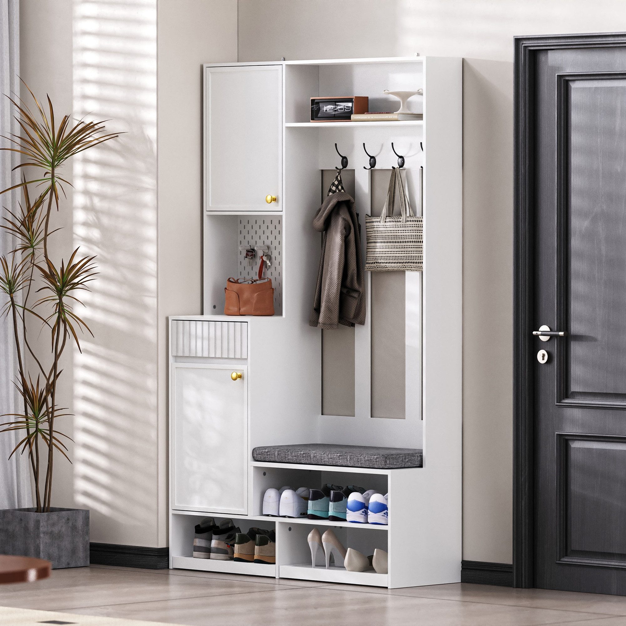 IDEASY Garderobenständer Flurgarderobe mit Sitzbank, 4 Haken, Schubladen – Weiß, 100x180x35 cm