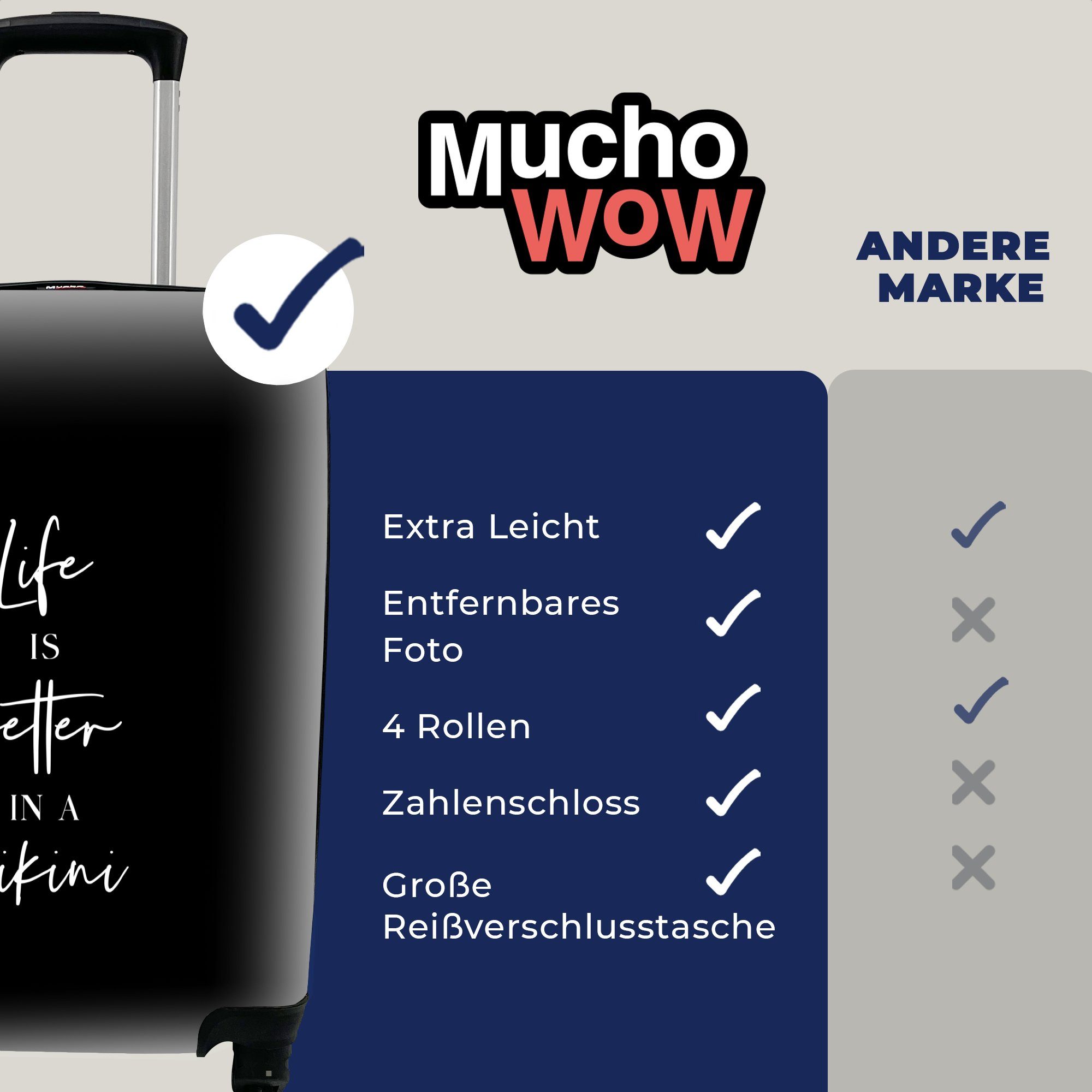 MuchoWow Handgepäckkoffer Das Leben Schwarz Zitat, Handgepäck - für mit 4 ist - rollen, Bikini Trolley, im Reisekoffer Rollen, Reisetasche besser Ferien