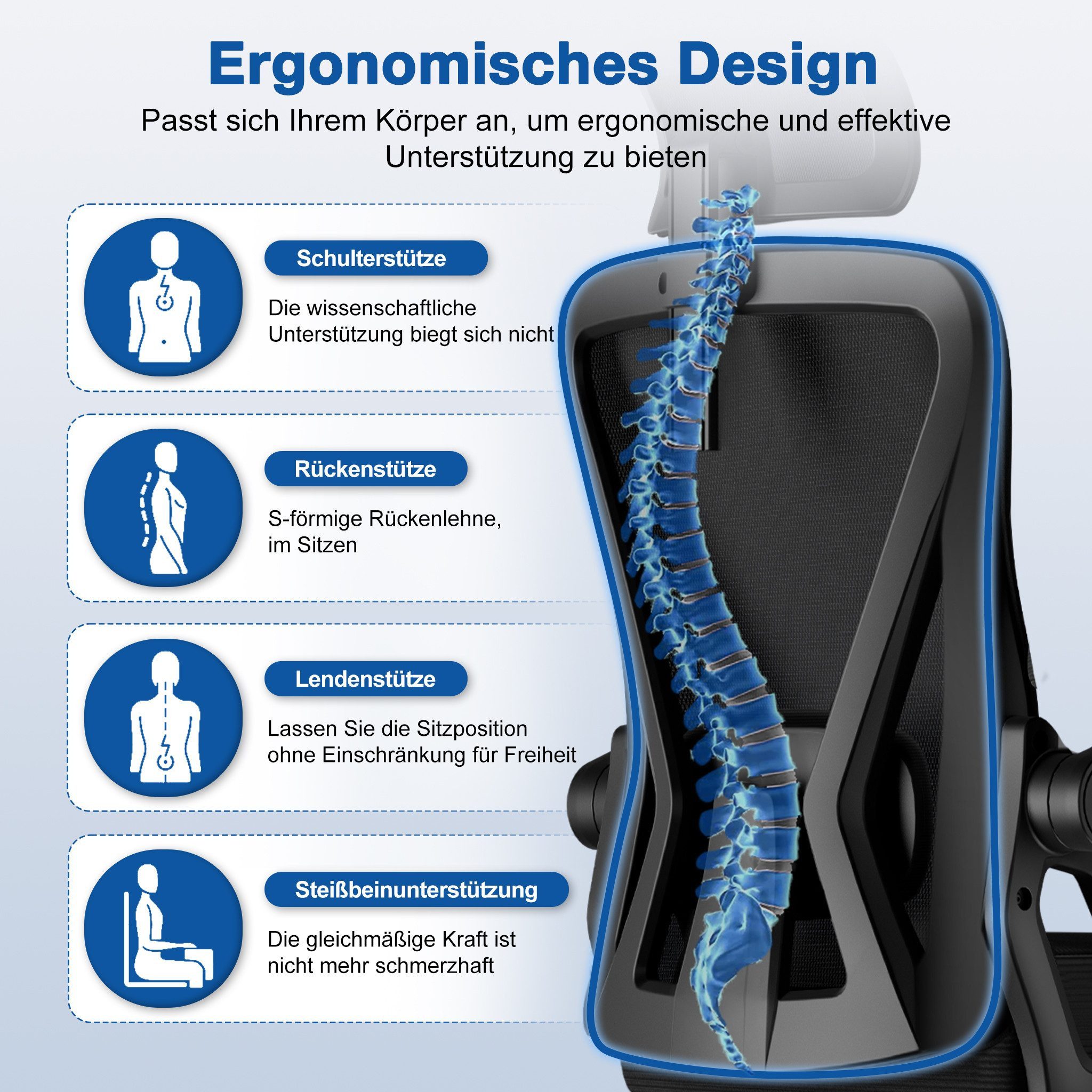 Adormii Bürostuhl Ergonomischer Bürostuhl mit klappbaren Armlehnen und Rückenlehnen (Drehstuhl mit Drehbare, höhenverstellbarer Kopfstütze, geräuscharme Rollen, 90°-135° Wippfunktion Bürostuhl, belastbar bis 150kg, Netz atmungsaktiv, Chefsessel), Leise Rollen, getestet und garantiert für 2-Jahre
