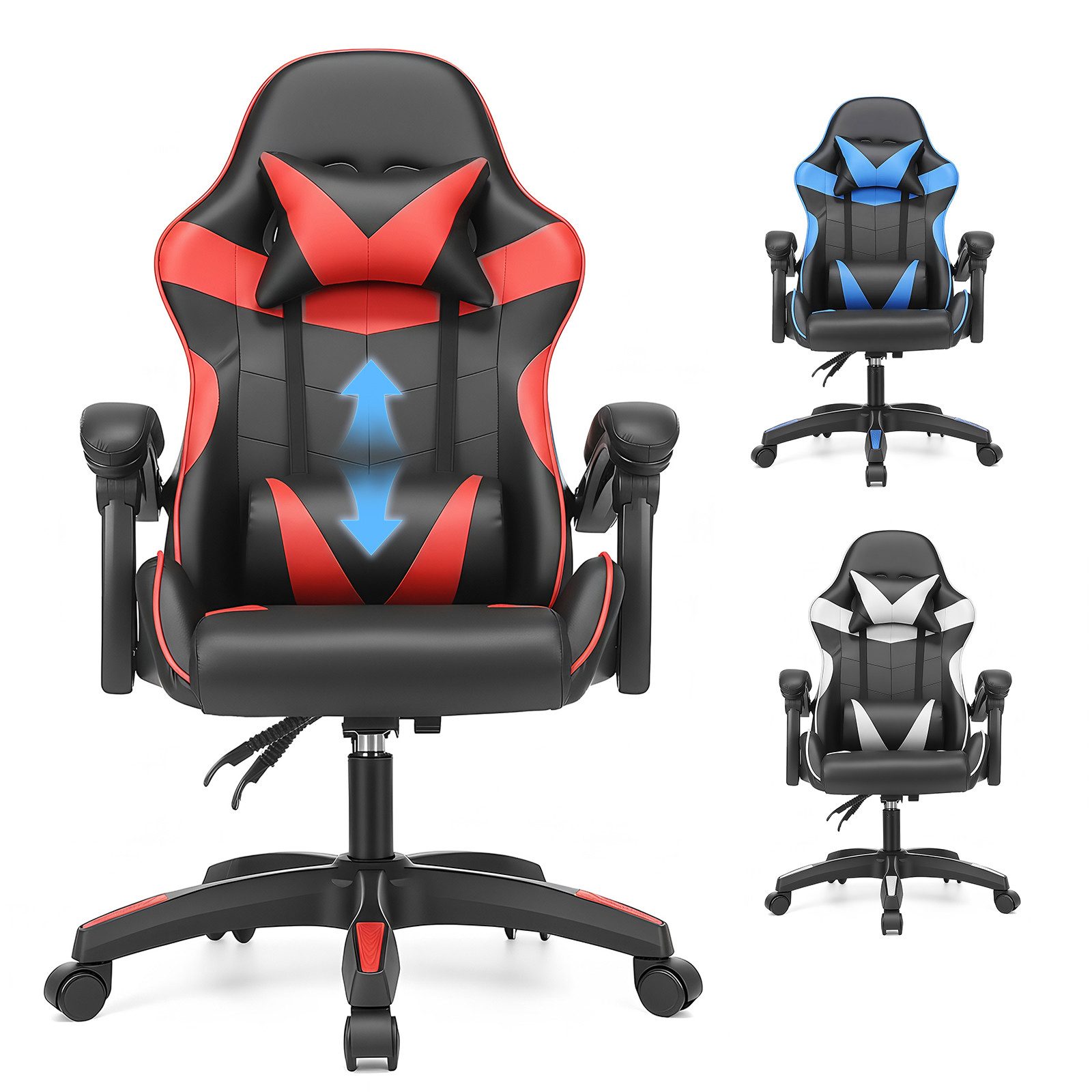 oyajia Gaming-Stuhl Gaming Stuhl, Bürostuhl Ergonomisch Wippfunktion bis zu 135° (mit Kopfstütze und Lendenkissen), Rückenlehne und Sitzfläche kippbar,Gamingstuhl mit Höhenverstellung