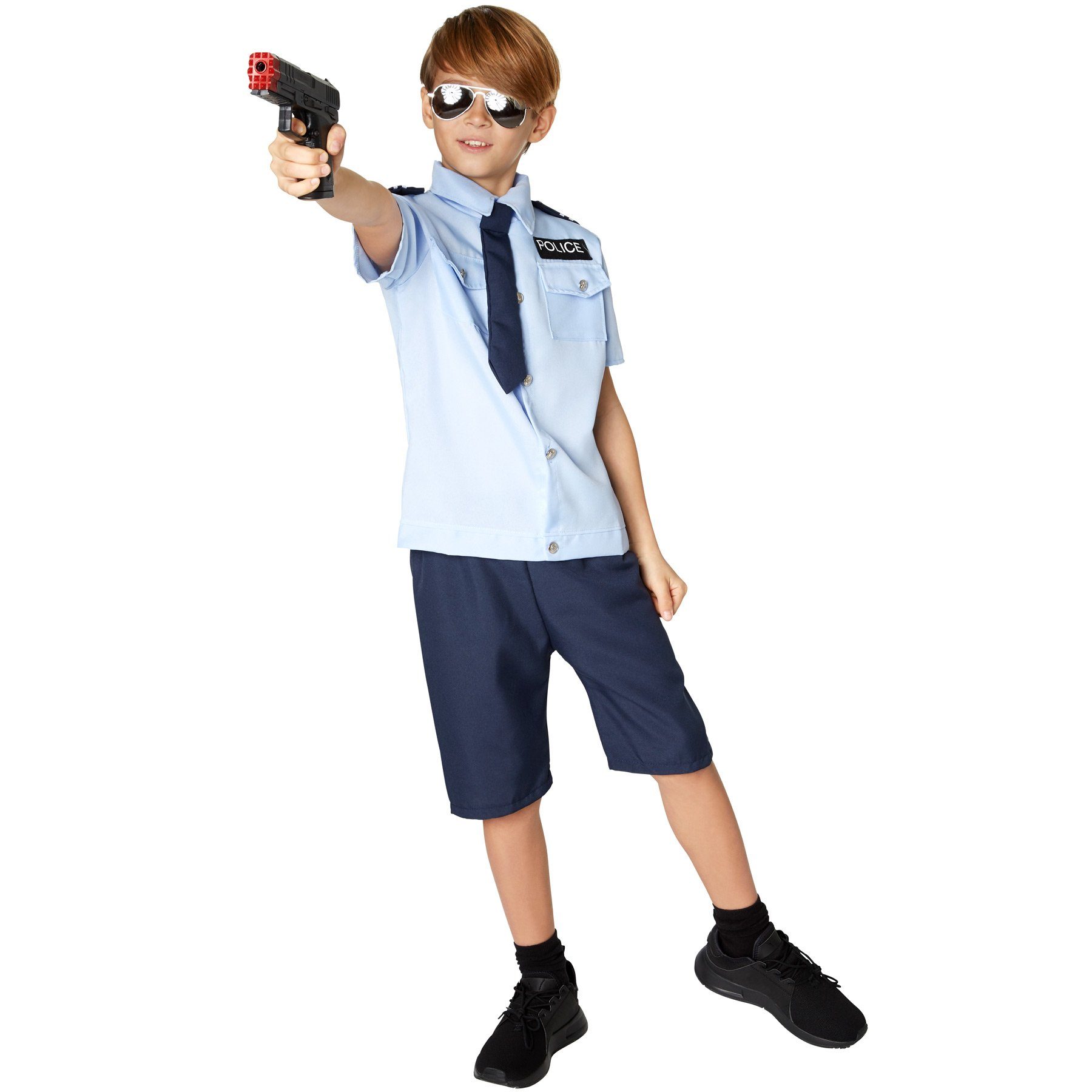 dressforfun Kostüm Polizist, auch Wachmann, in blau, Cooles Hemd mit Police-Aufnäher, Gr. 104 (3-4 Jahre), Bequeme kurze Hose, Inkl. Krawatte mit Gummizug