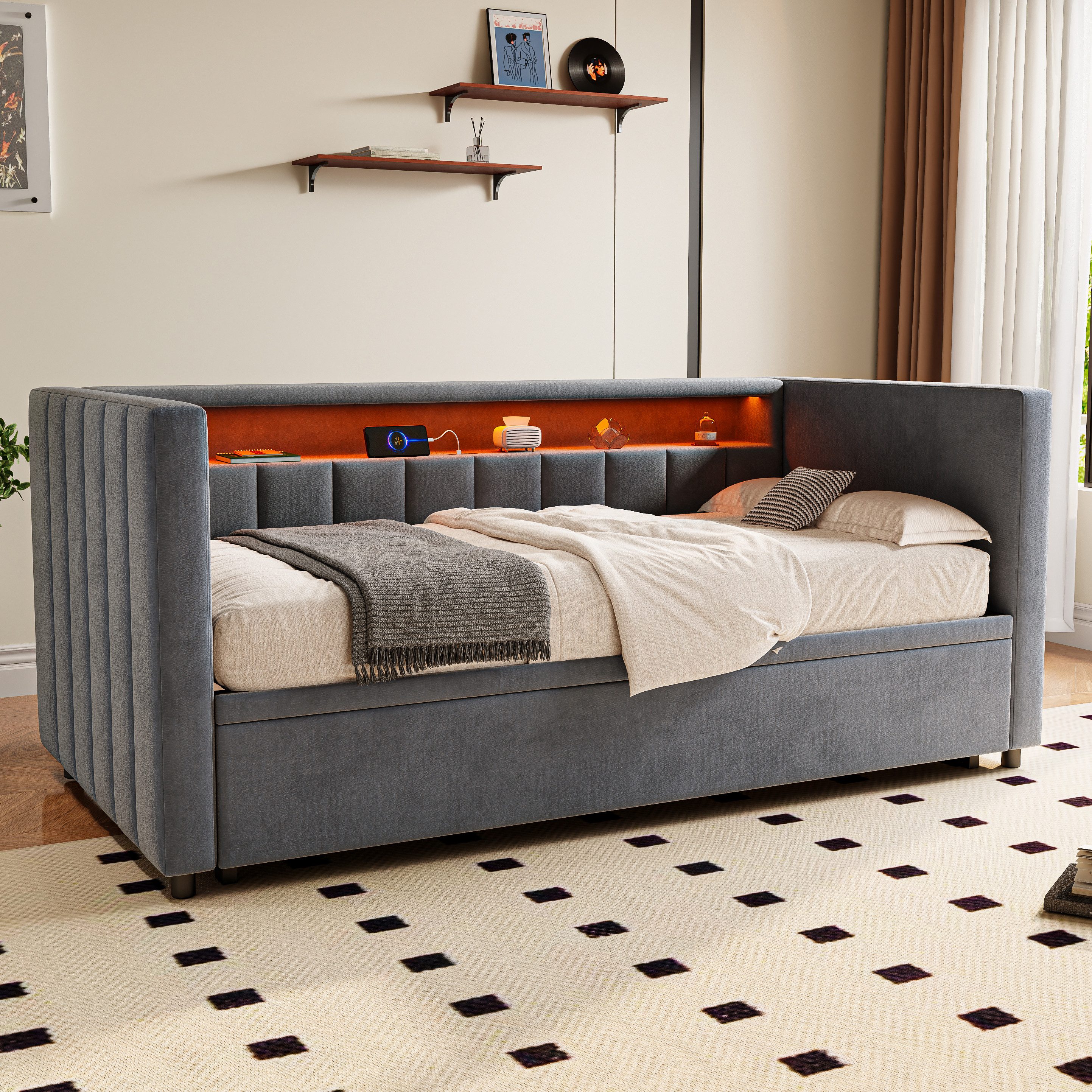 Celya Schlafsofa Multifunktionales mit ausziehbarem Bett, ohne Matratze mit USB-Type-C-Anschluss, LED-Ambiente und Stauraum, für Wohnzimmer, Gästezimmer oder Jugendzimmer