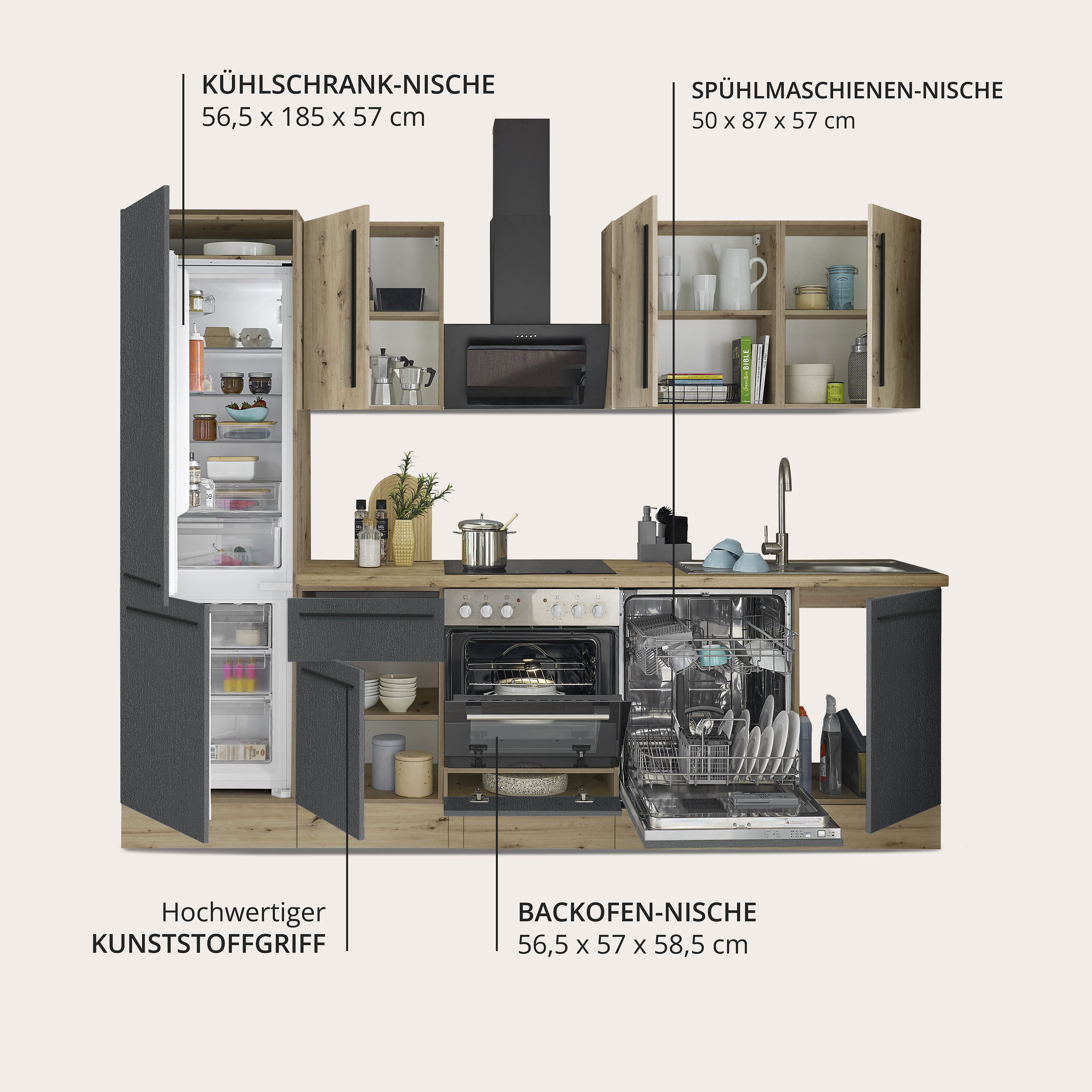 KOCHSTATION Küchenzeile KS-Florida mit 38mm starker Arbeitsplatte, Breite 280 cm, wahlweise mit E-Geräten, Soft-Close-Funktion