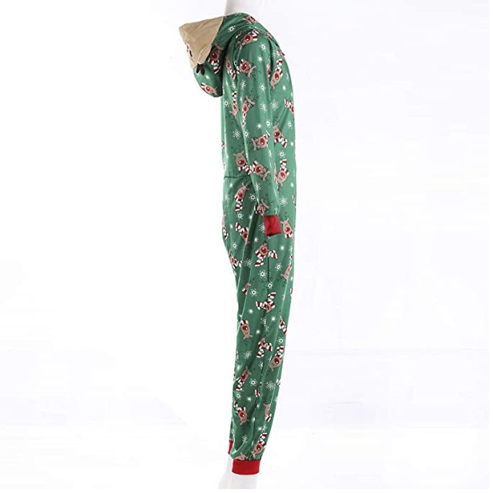Juoungle Schlafanzug Weihnachts-Einteiler, Kapuzenpullover, Reißverschluss, Nachtwäsche Grün