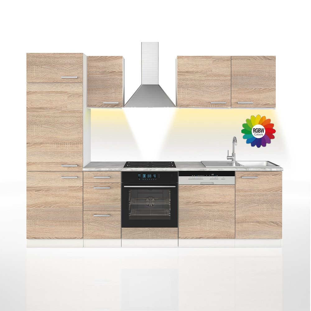 Vicco Küchenzeile Optima, Sonoma/Weiß, 270 cm ohne Arbeitsplatte mit LED-Leisten