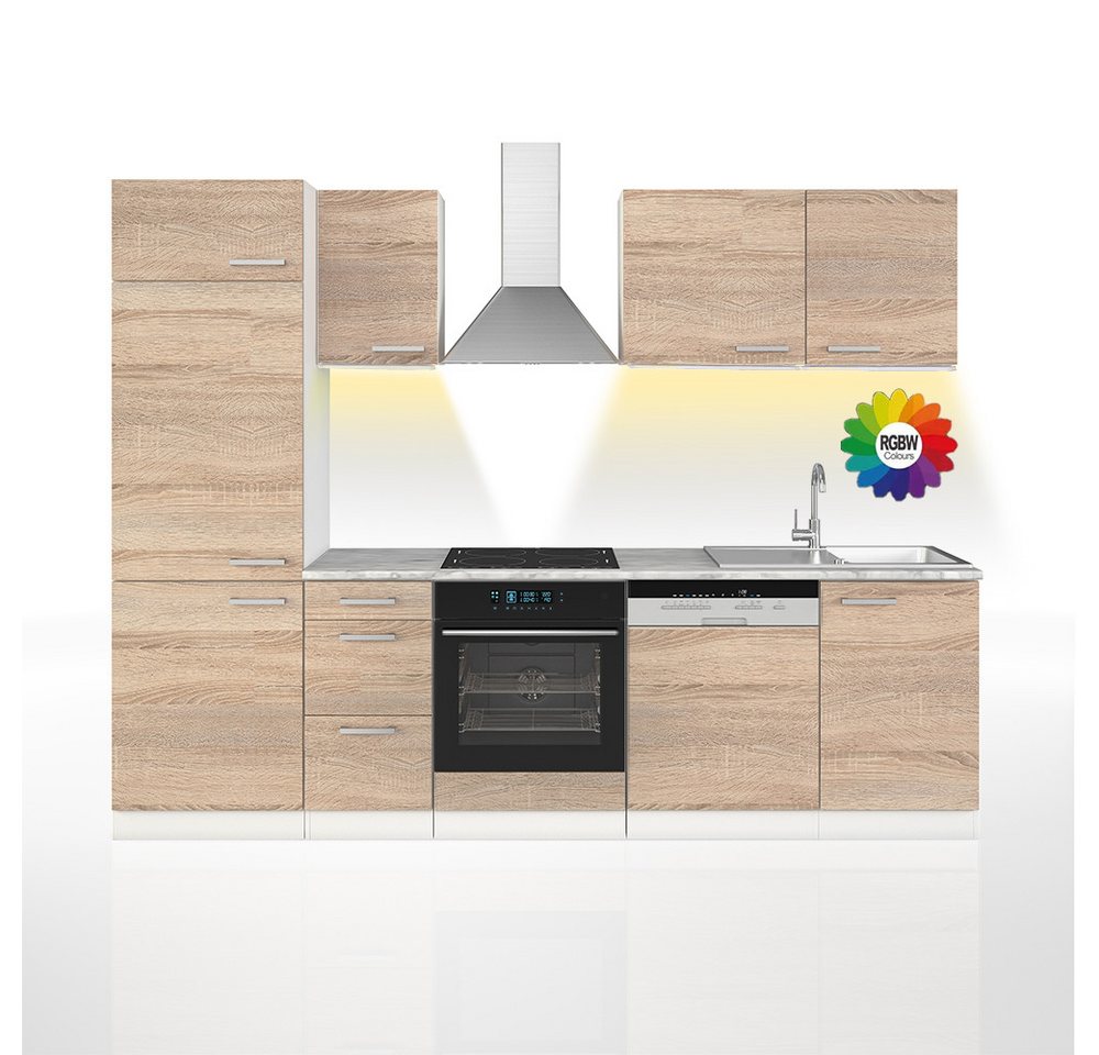 Vicco Küchenzeile Optima, Sonoma/Weiß, 270 cm ohne Arbeitsplatte mit LED-Leisten