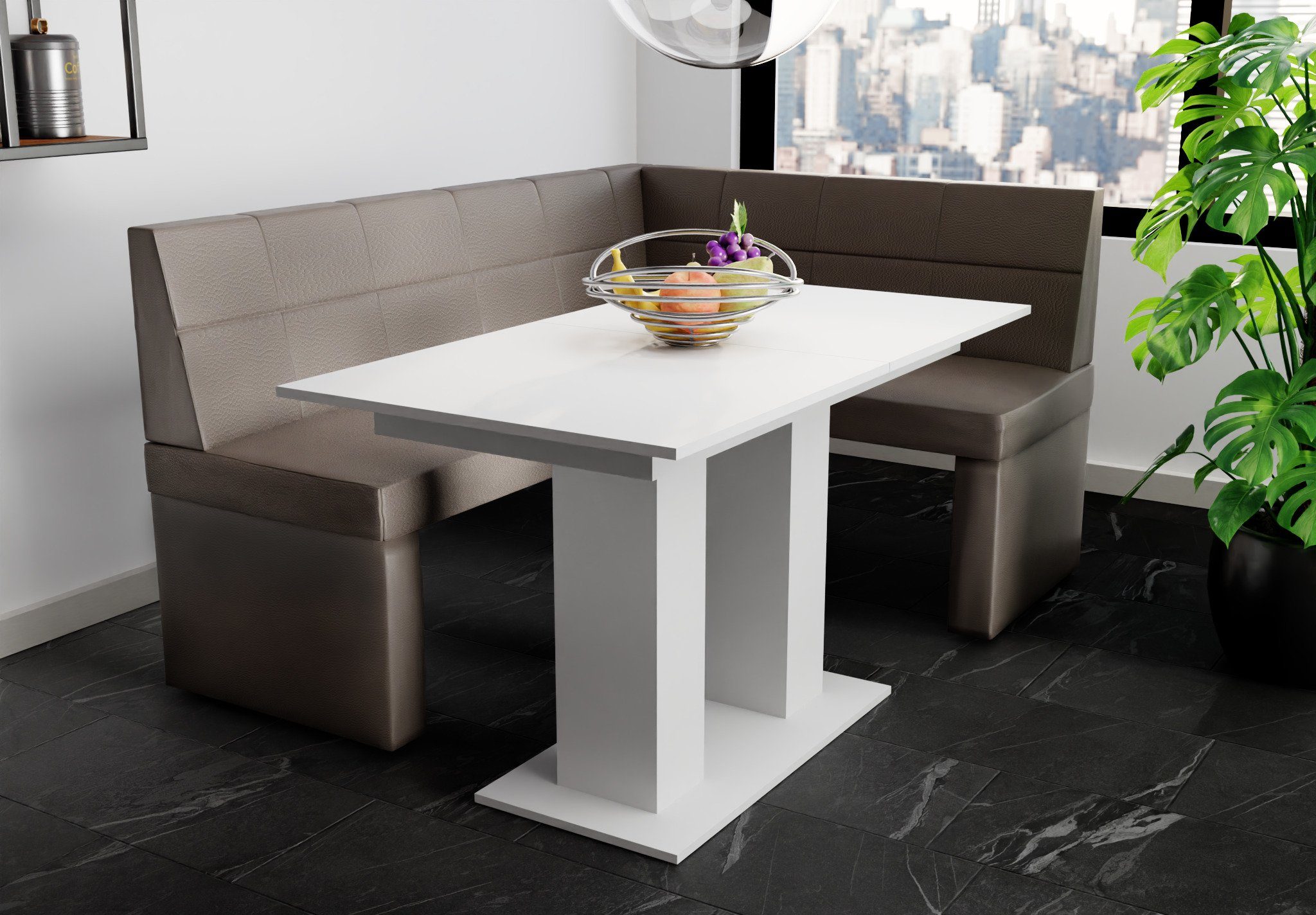 Fun Möbel mit Eckbankgruppe Weiß Größe ausziehbarer 168x128cm Tisch Tisch Eckbankgruppe matt, „BLAKE“