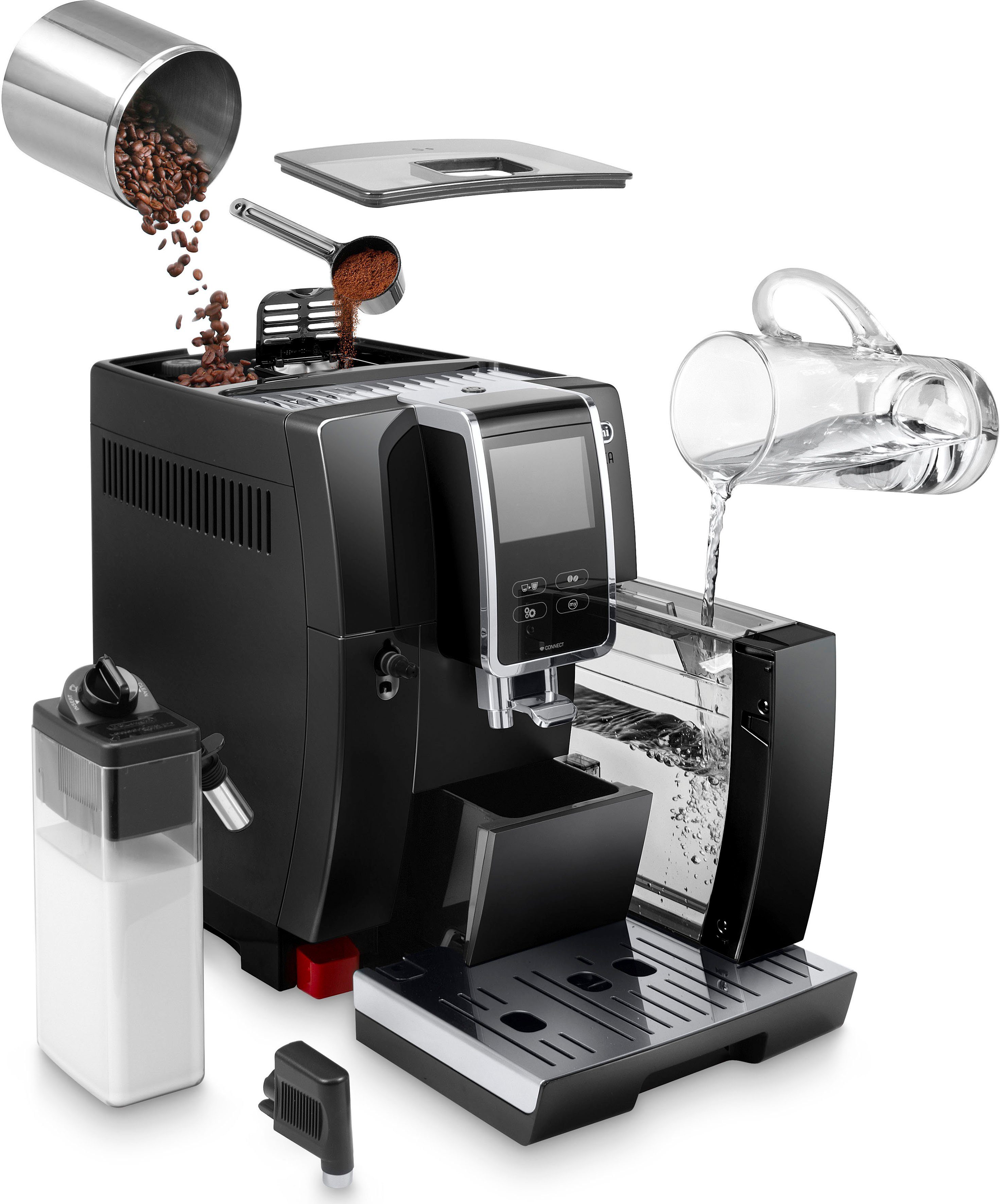 Kaffeekannenfunktion Milchsystem mit Dinamica und De'Longhi 370.70.B, LatteCrema ECAM Plus Kaffeevollautomat