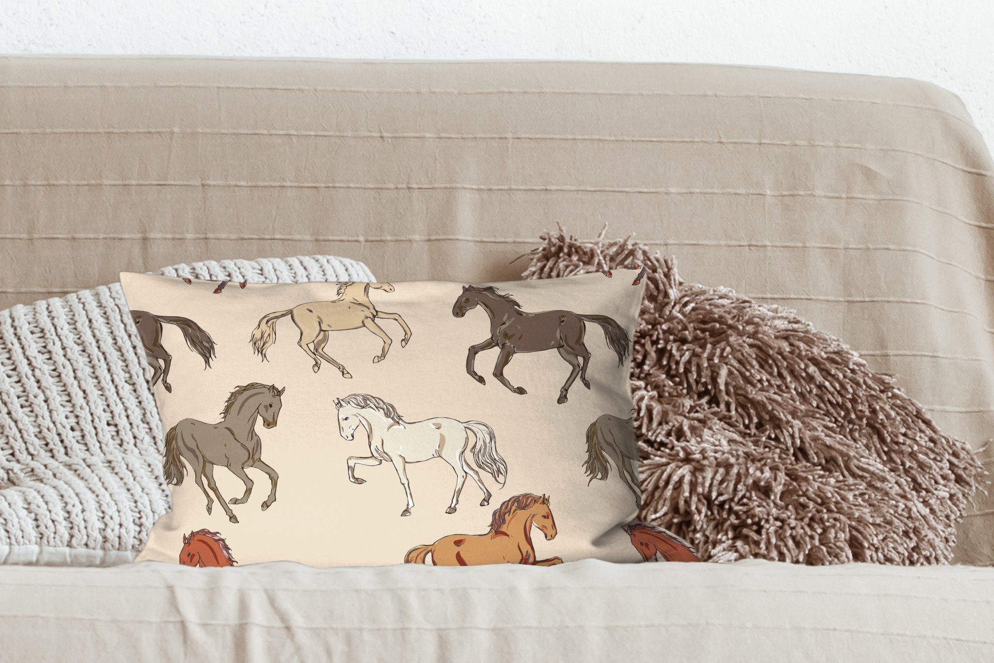 MuchoWow Dekokissen Pferde - - Dekoration, Zierkissen, Füllung, Kinder Wohzimmer - Schlafzimmer Mädchen - Rosa - Mädchen, mit Grau Dekokissen