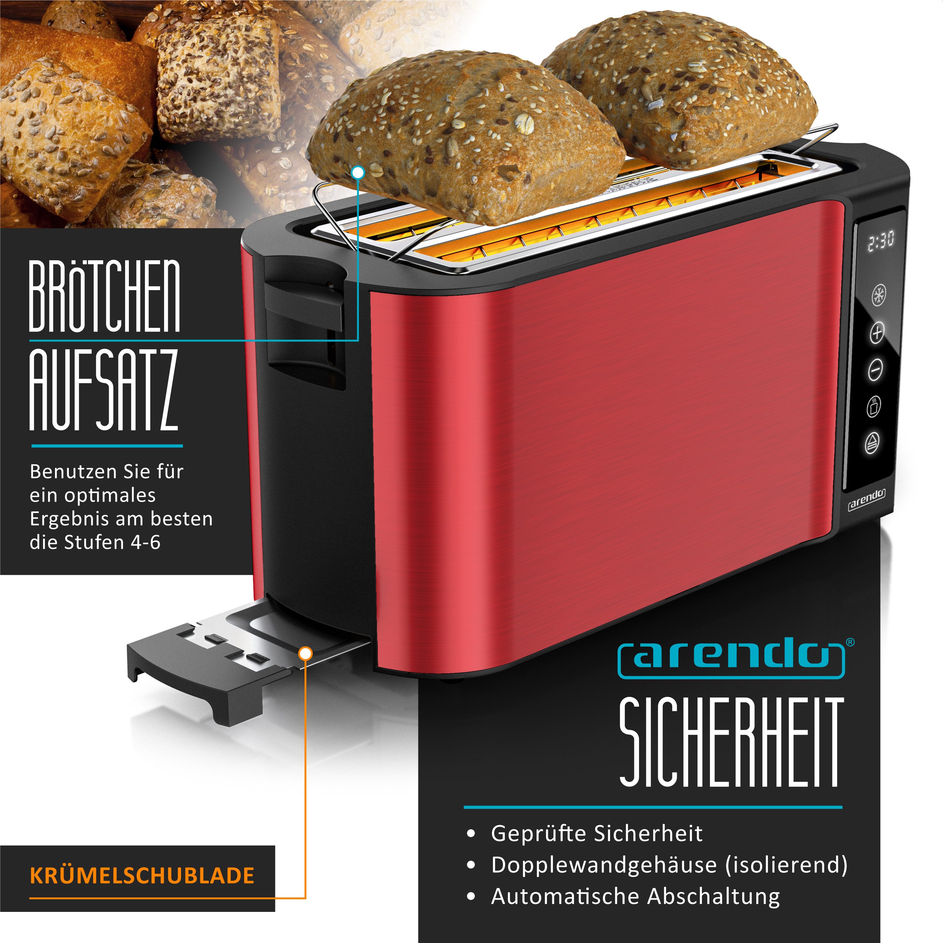 Arendo Toaster 4-Scheiben, Wärmeisoliertes Doppelwandgehäuse, Display Restzeitanzeige, 2 lange Schlitze, für 4 Scheiben, 1500 W, Langschlitz, Brötchenaufsatz, Brotscheibenzentrierung, Touchpanel