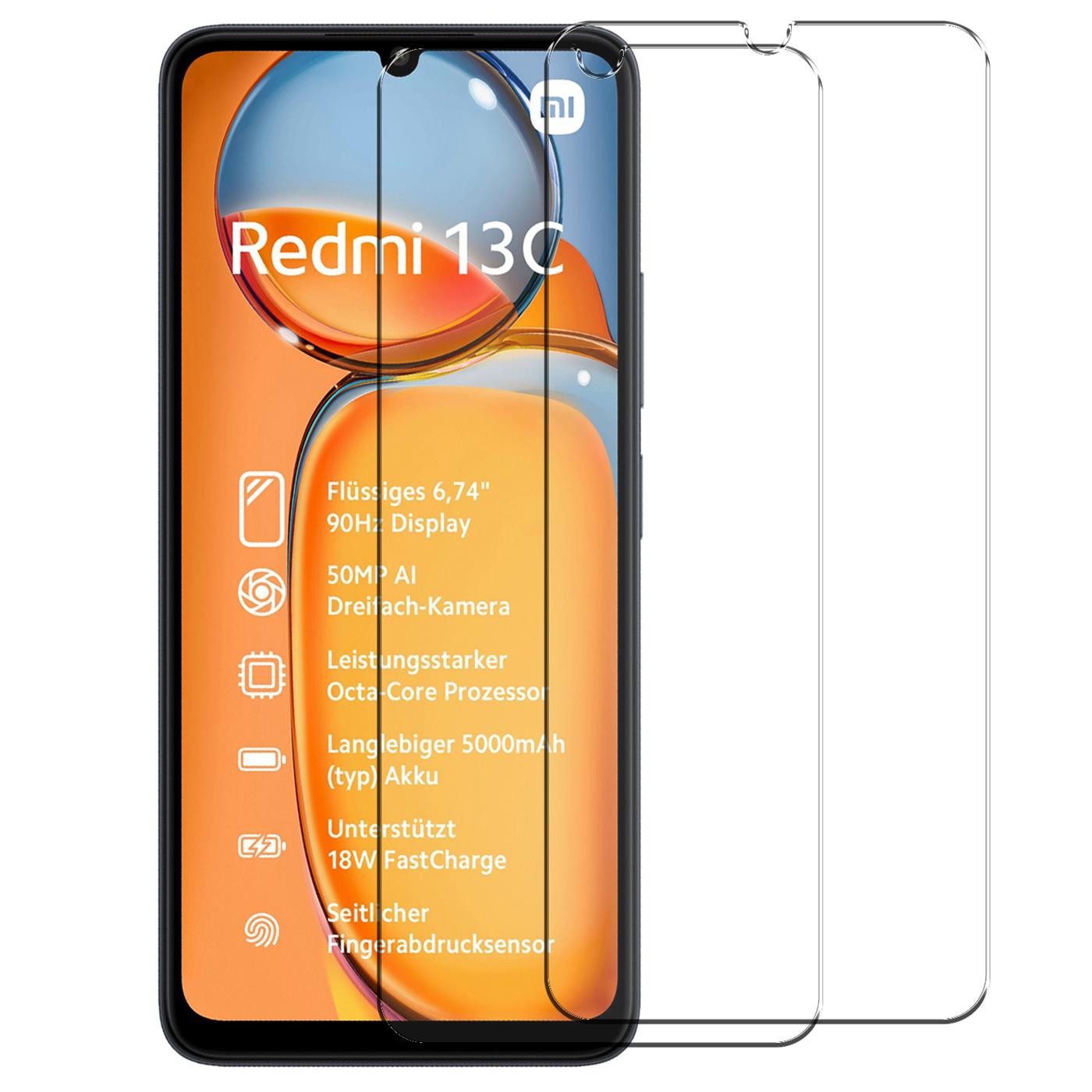 CoolGadget Schutzfolie Panzerfolie für Xiaomi Redmi 13C, (9H Härtegrad, 2x Schutzglas, 1xReinigungset), Panzer Schutzfolie 2 Stück für Xiaomi Redmi 13C Glas Folie