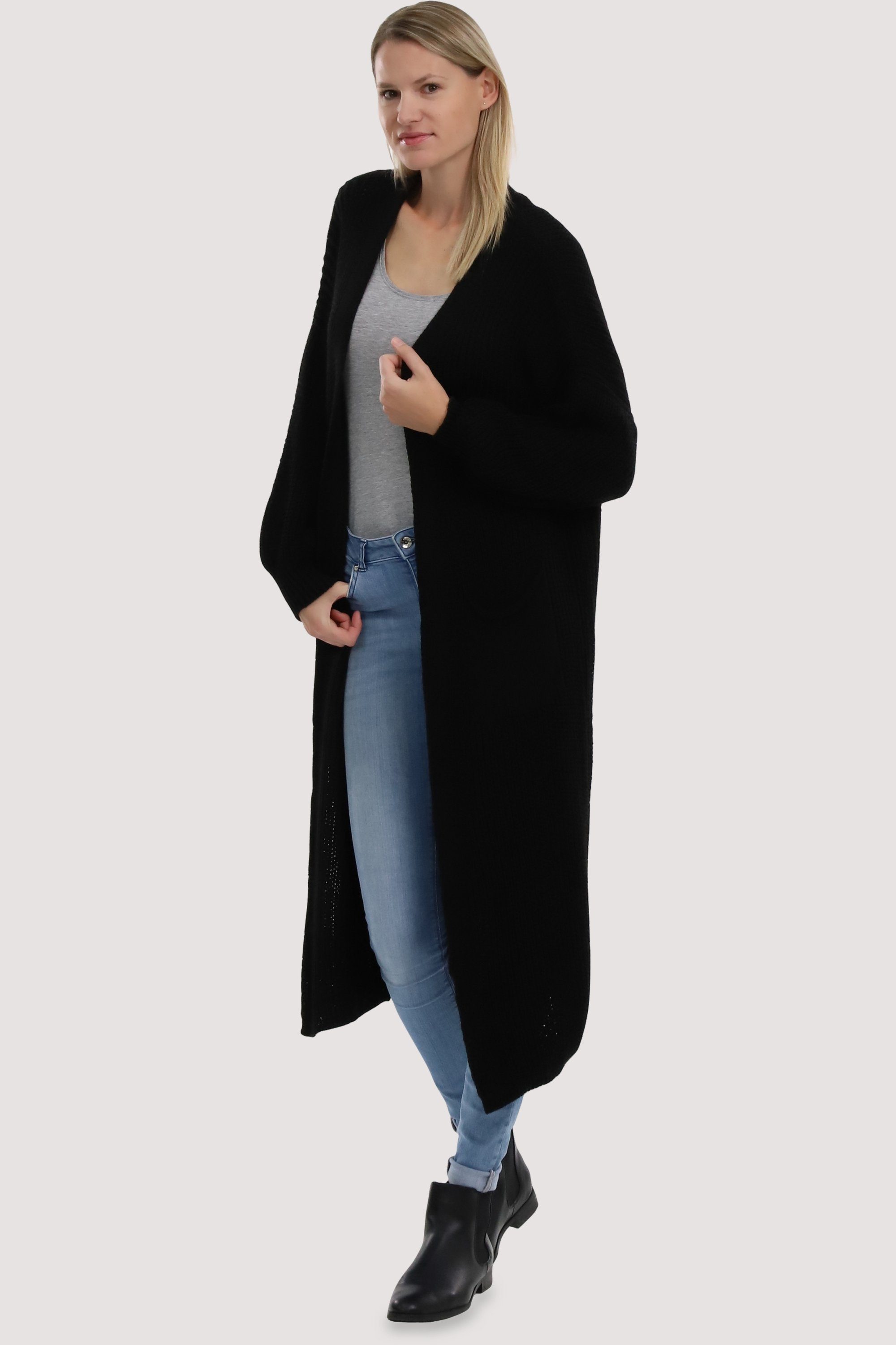 malito more than fashion Longstrickjacke 3151 offene lange Strickjacke in Grobstrick-Optik schwarz