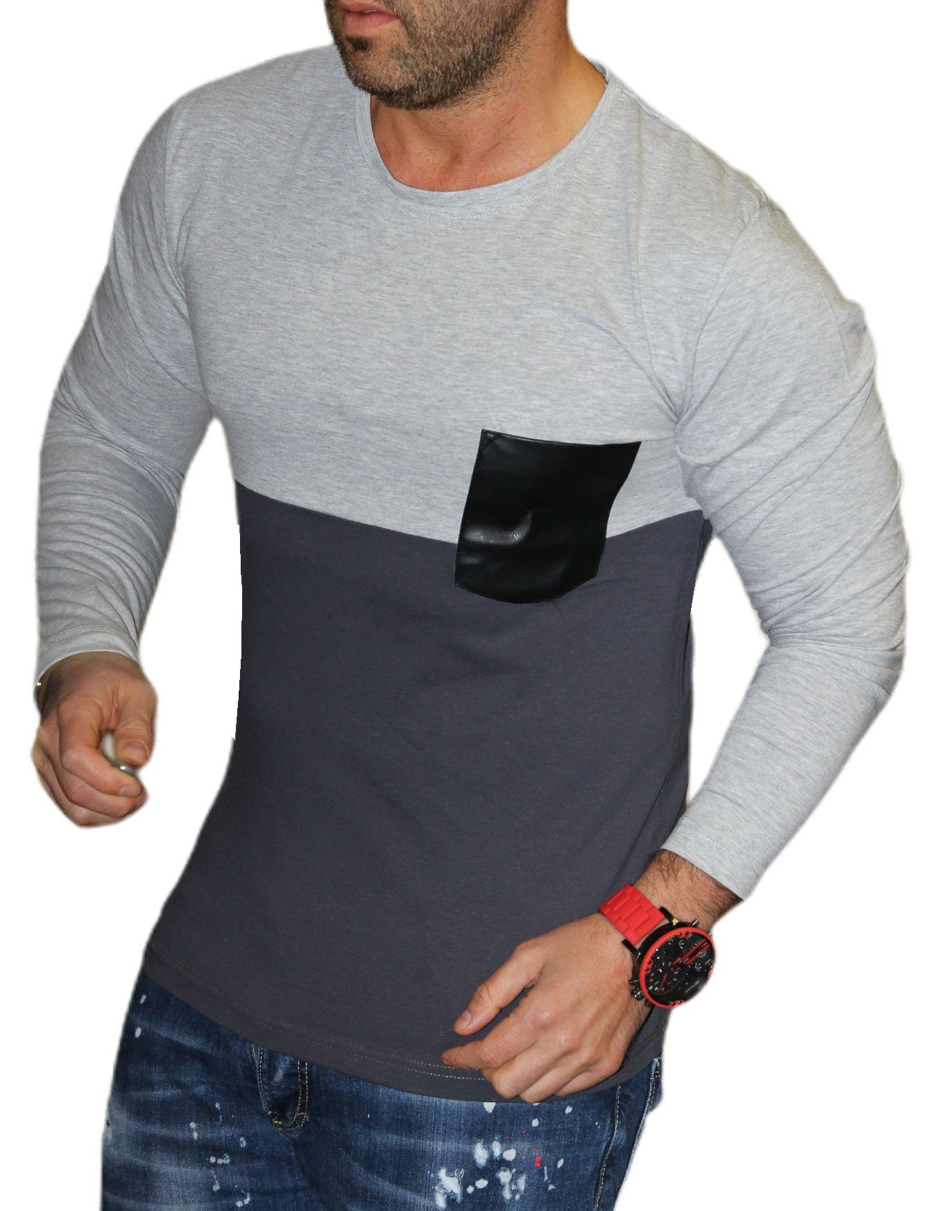 Langarmshirt Longsleeve mit Rundhals und Brusttasche