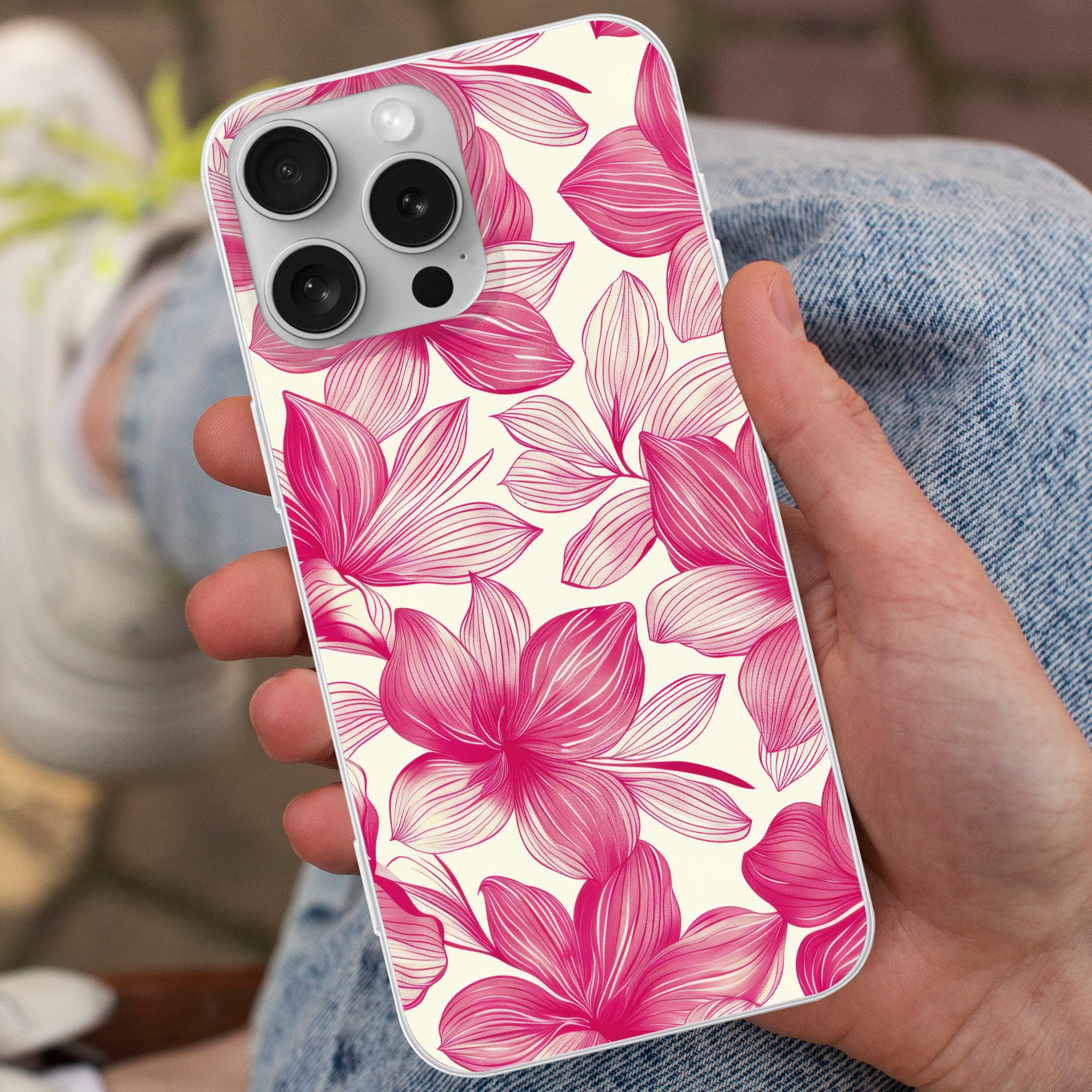 MuchoWow Handyhülle für Apple iPhone 16 Pro Max Blumen - Muster - Rosa - Weiß, Smartphone-Bumper, Print, Handy Schutzhülle Dünn