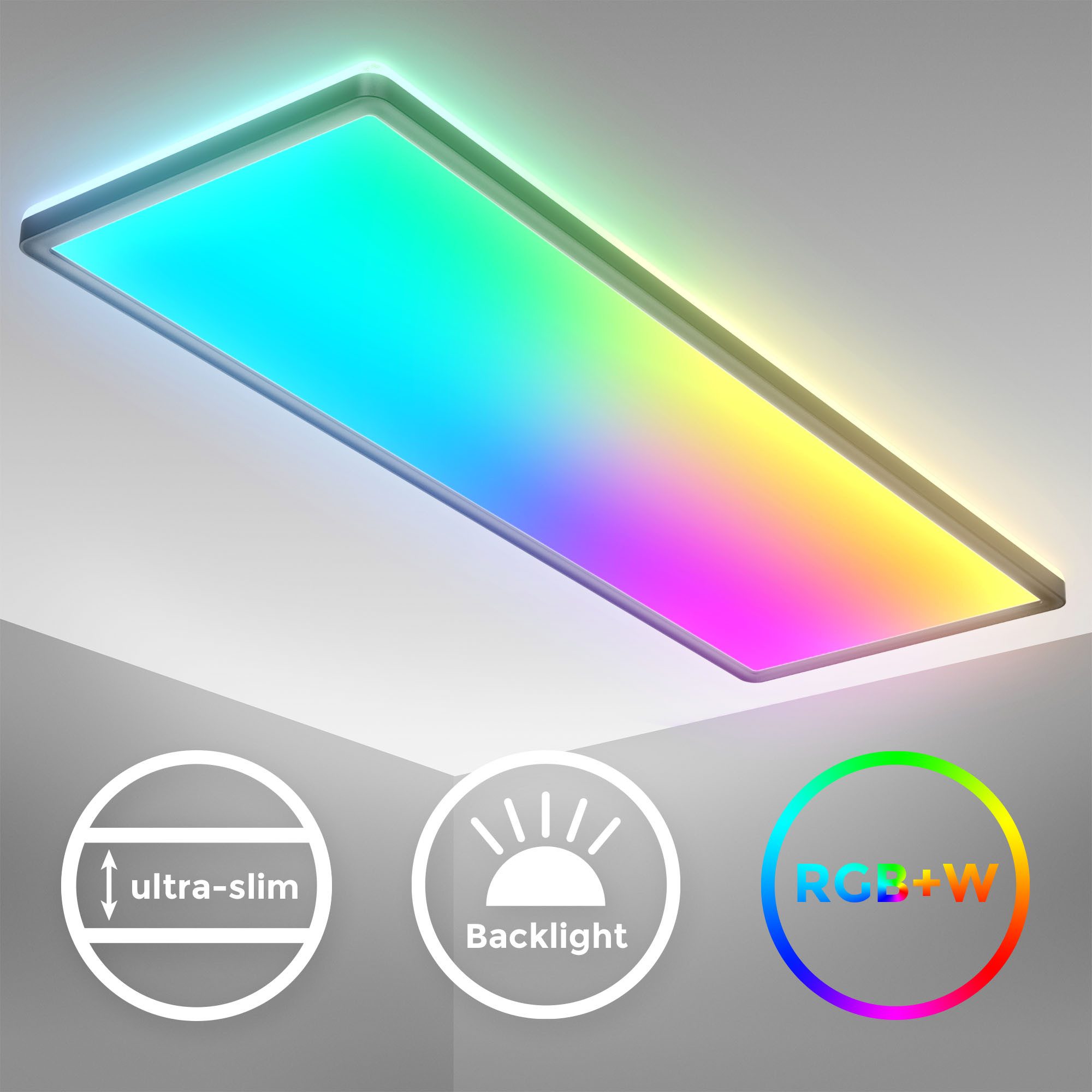 B.K.Licht Deckenleuchte LED Deckenlampe dimmbar Wohnzimmer Fernbedienung Backlight schwarz, Fernbedienung, LED fest integriert, 4000K - neutralweiß, RGB-Farbwechsler, RGB Panel rechteckig 58x20cm flach 22W 3000lm 230V Memory Büro BKL1555