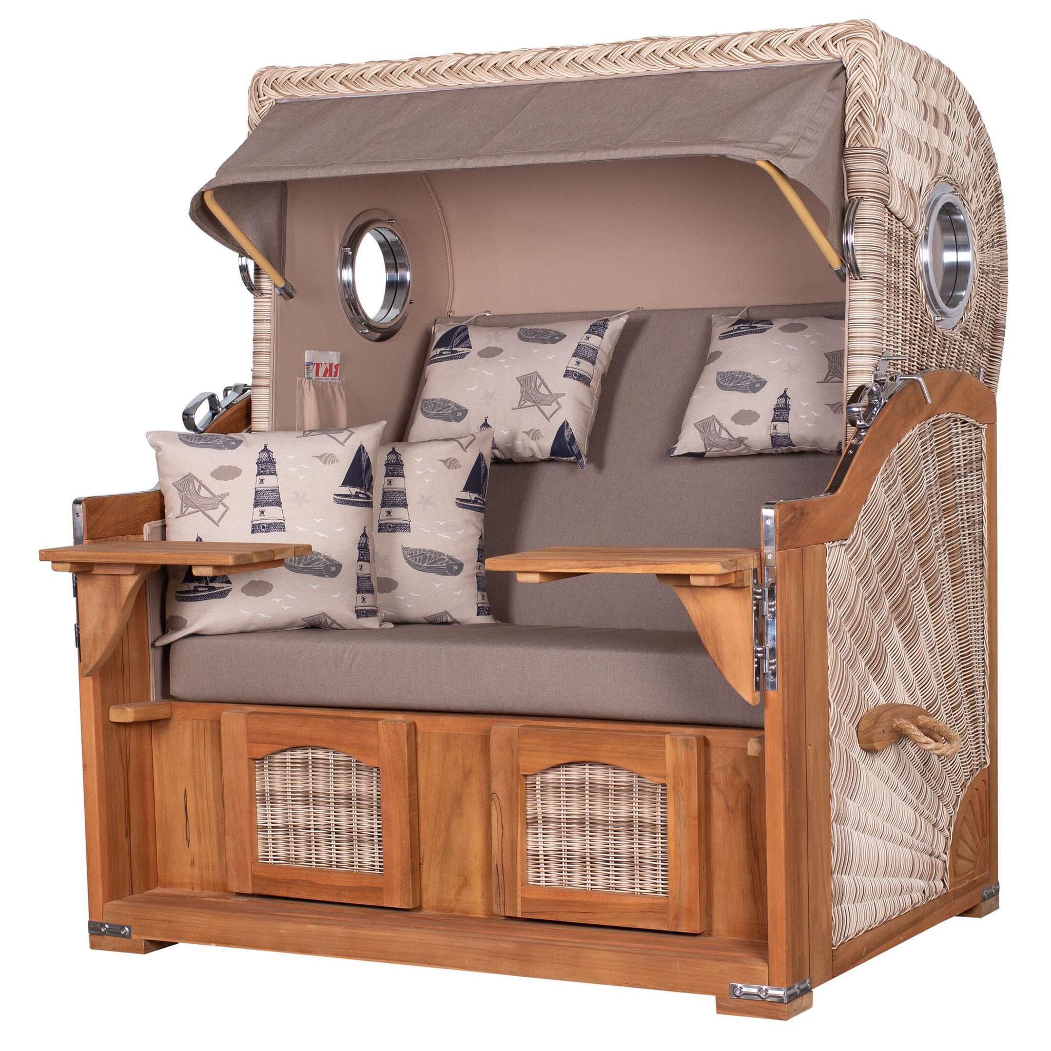 bene living Strandkorb Ammersee Grande XL 2,5-Sitzer Teak - PE shell - Modell 540, BxTxH: 142x95x165 cm, Volllieger, Ostsee-Strandkorb, (Strandkorb-Komplettset, 5-tlg., Strandkorb inkl. Liftersystem und umfangreichem Zubehör), mit Windschutzfolie, Bistrotischen und bequemer Polsterung