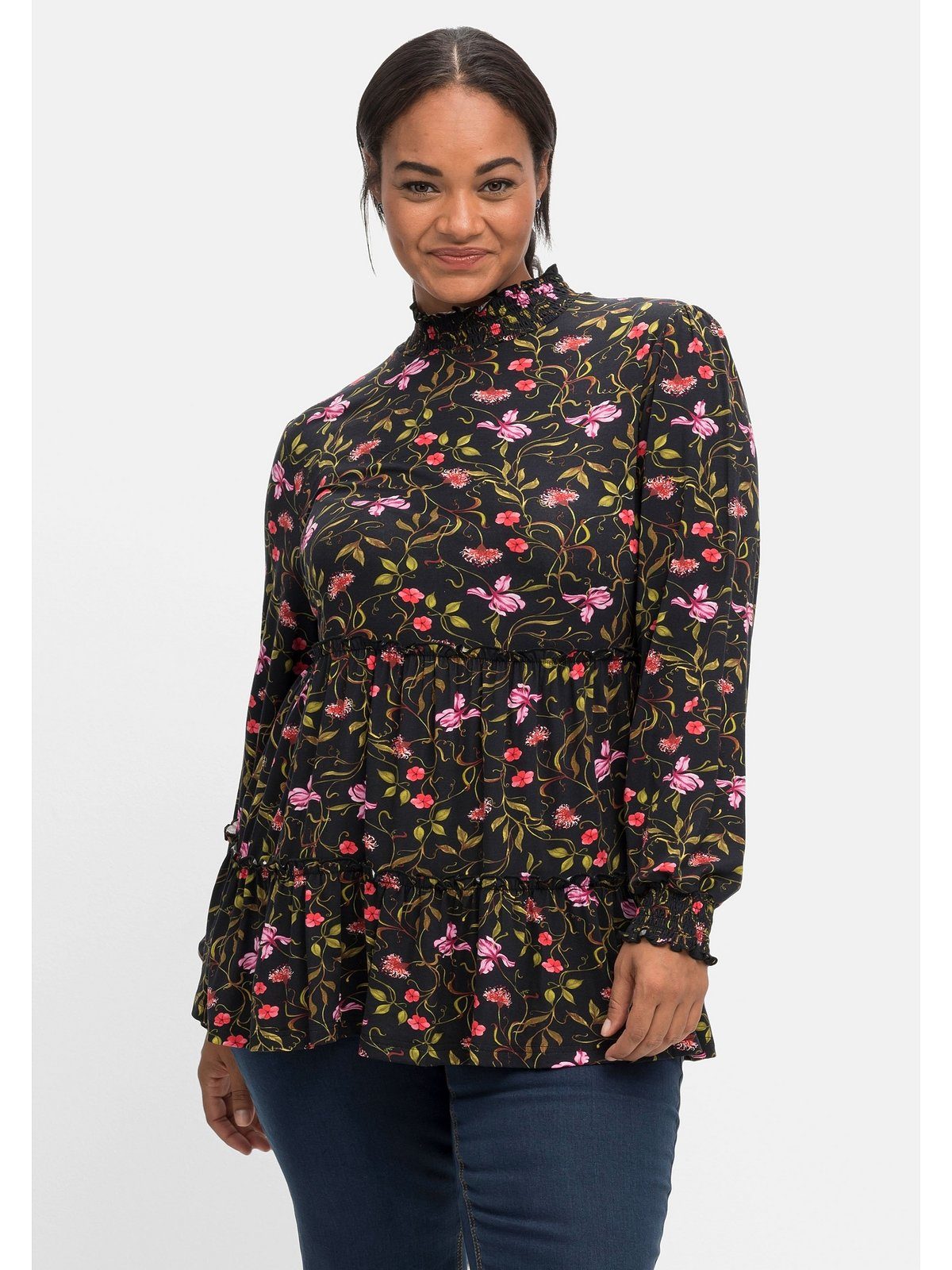 sheego by Joe Browns Langarmshirt Große Größen mit Smokdetails und Volant am Saum