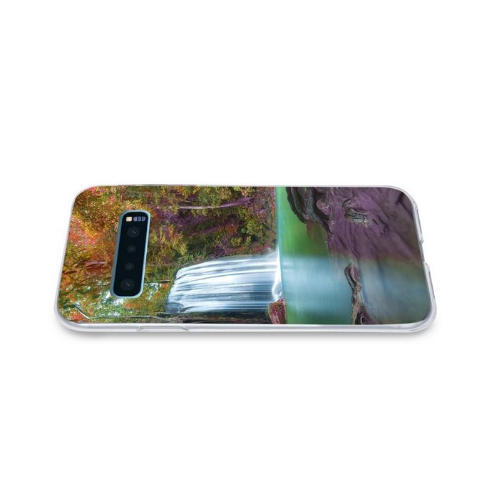 MuchoWow Handyhülle Bunte Blätter an einem Wasserfall im Erawan-Nationalpark in Thailand Phone Case Handyhülle Samsung Galaxy S10+ Silikon Schutzhülle FN11410